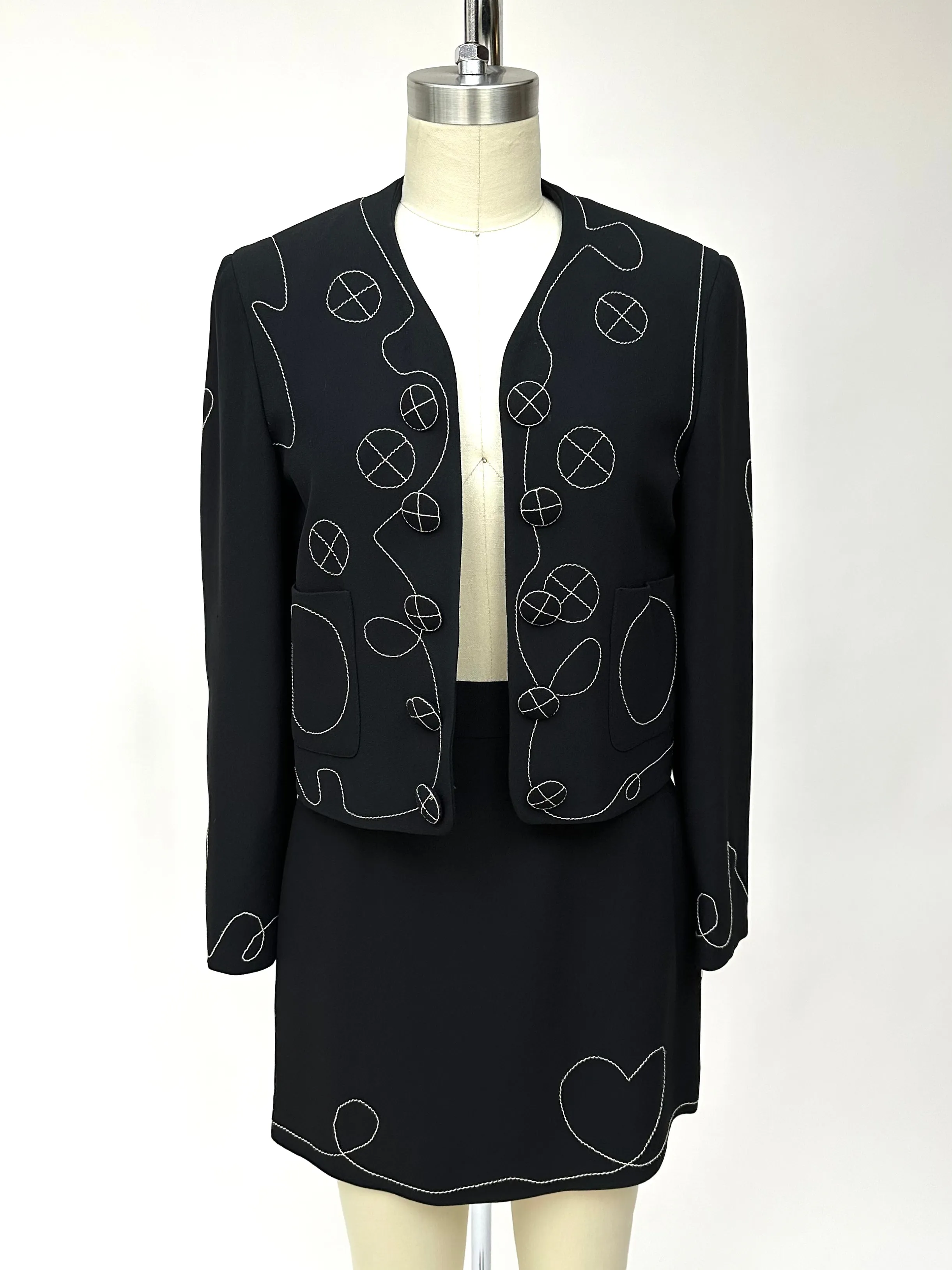 1990s Cheap and Chic by Moschino Embroidered Stitch Skirt Set