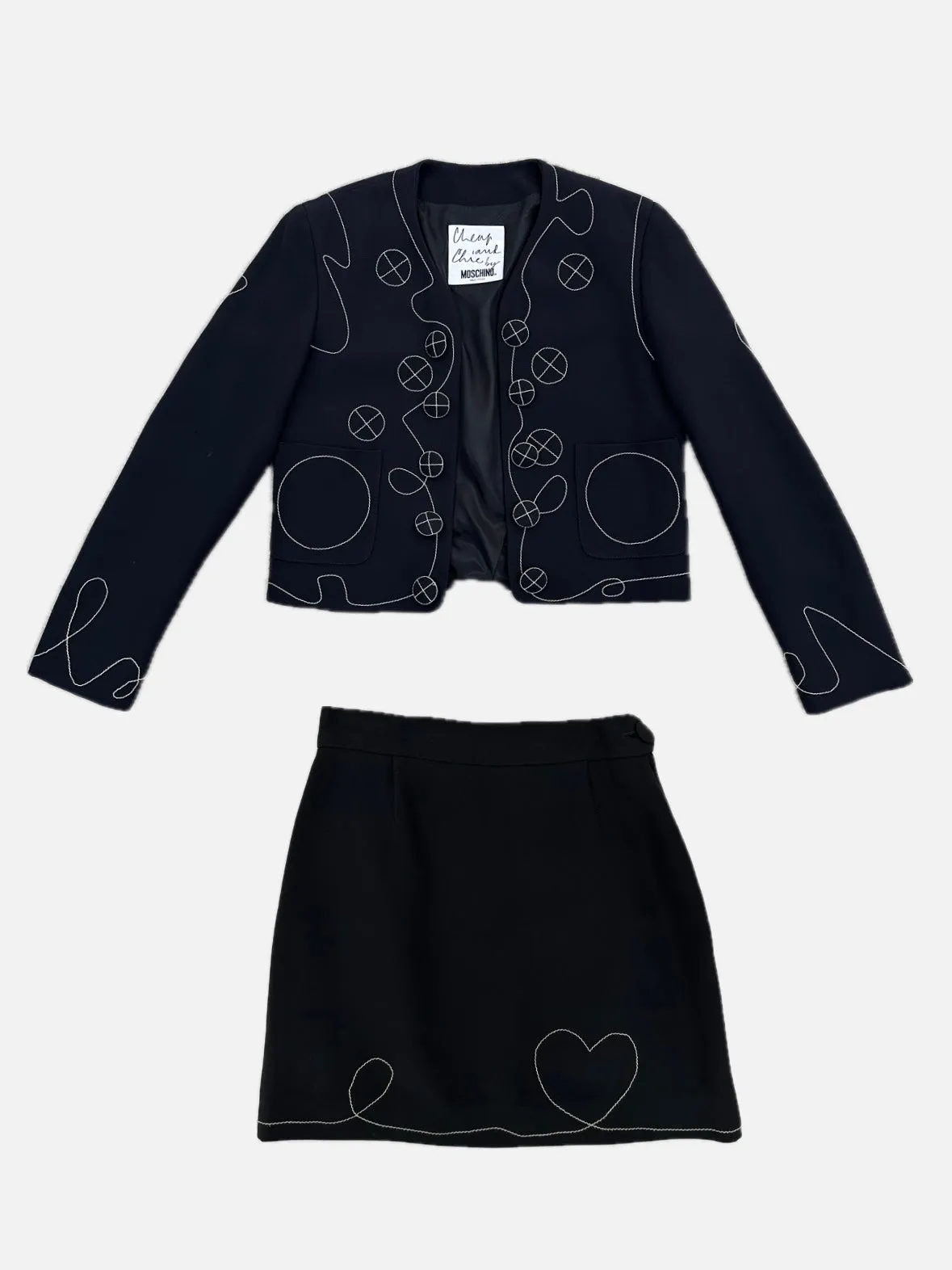 1990s Cheap and Chic by Moschino Embroidered Stitch Skirt Set