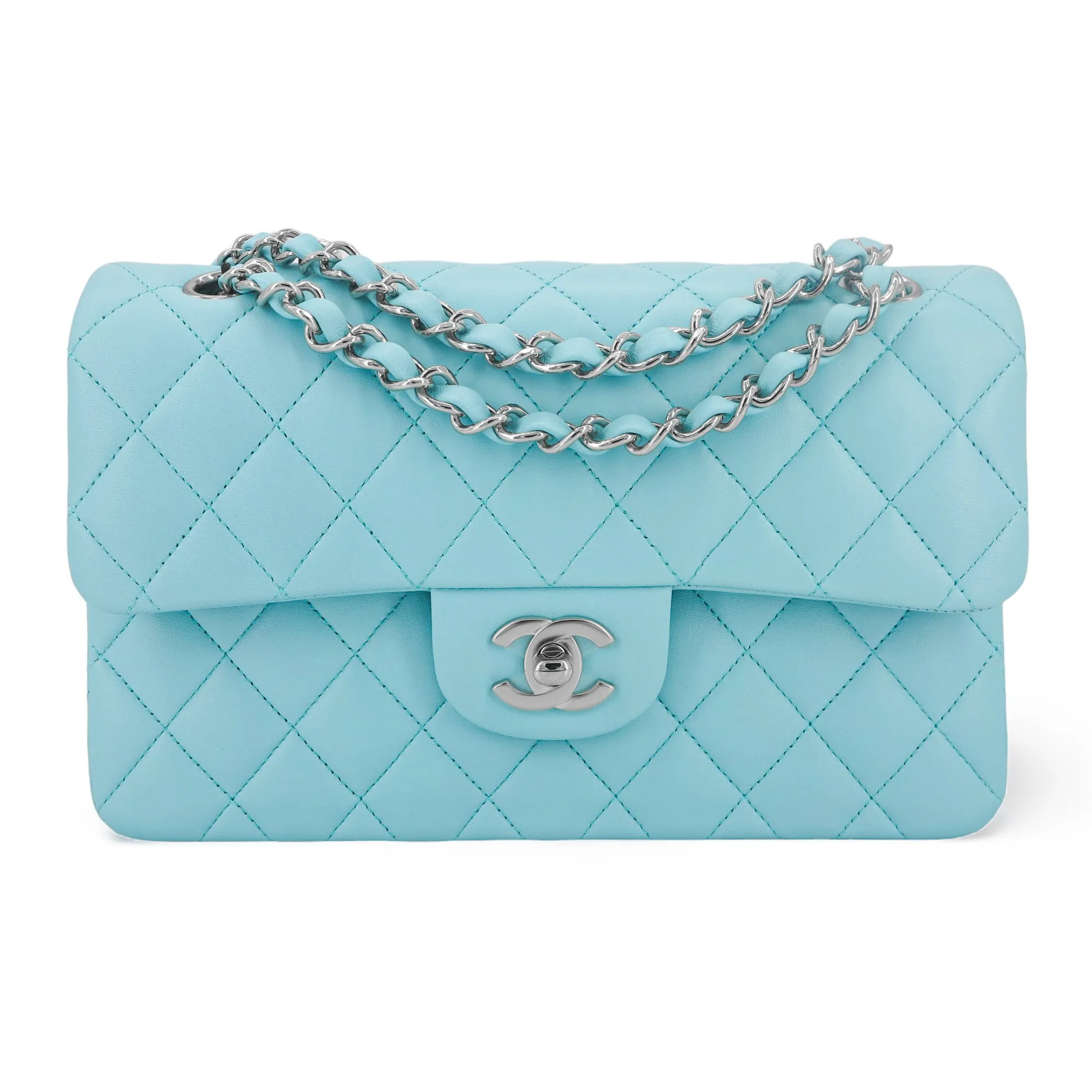 19C Tiffany Blue Lambskin Small Classic Double Flap Bag