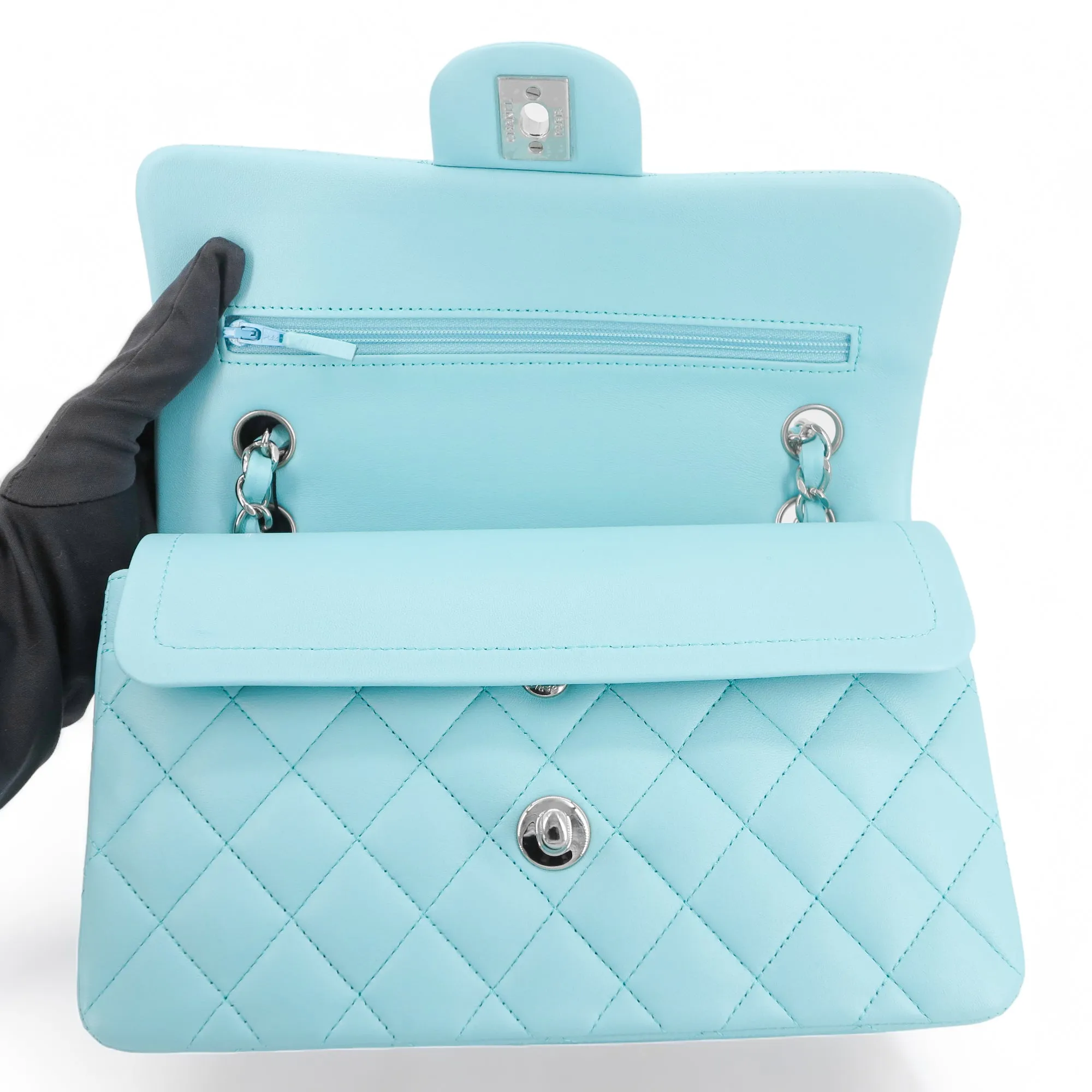 19C Tiffany Blue Lambskin Small Classic Double Flap Bag