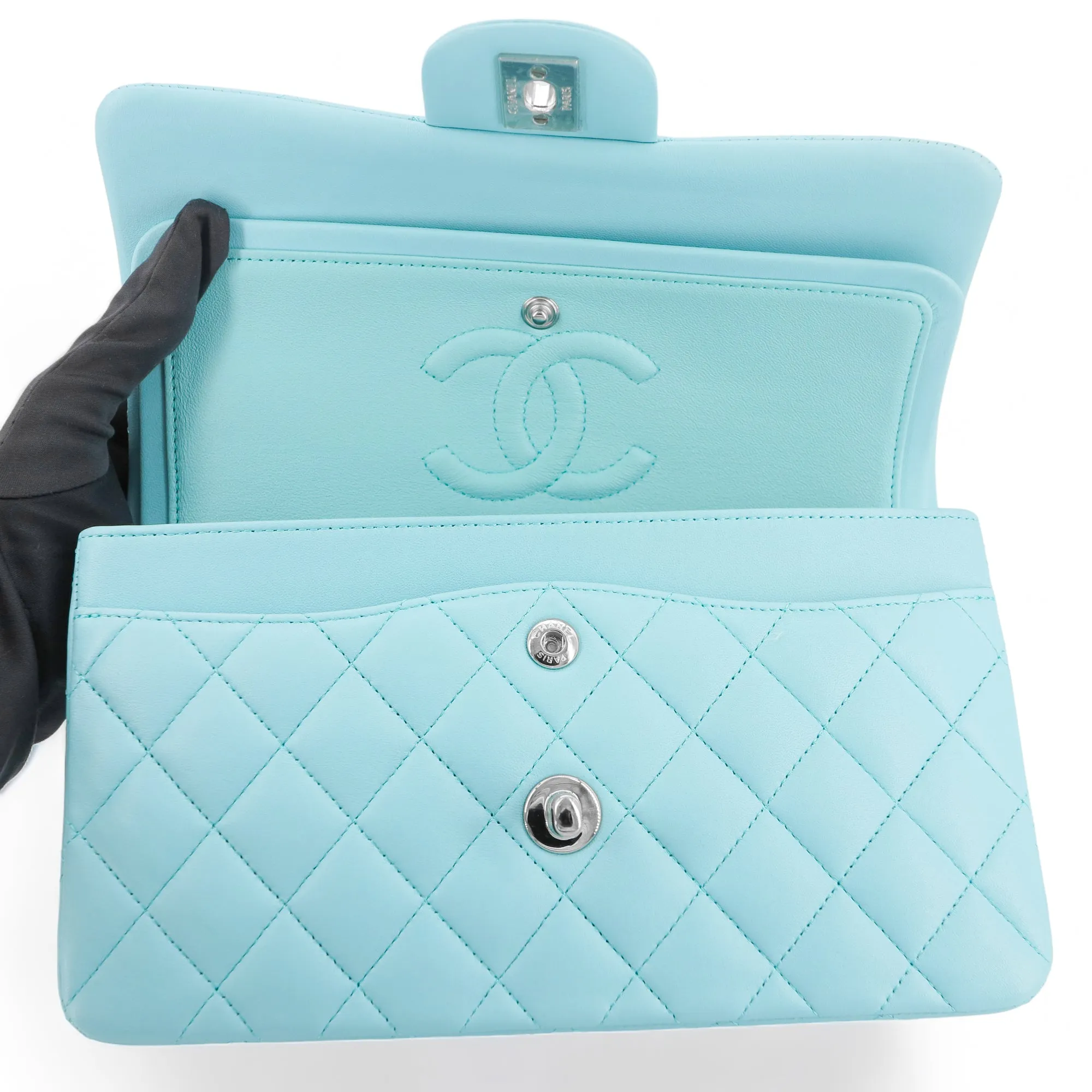 19C Tiffany Blue Lambskin Small Classic Double Flap Bag