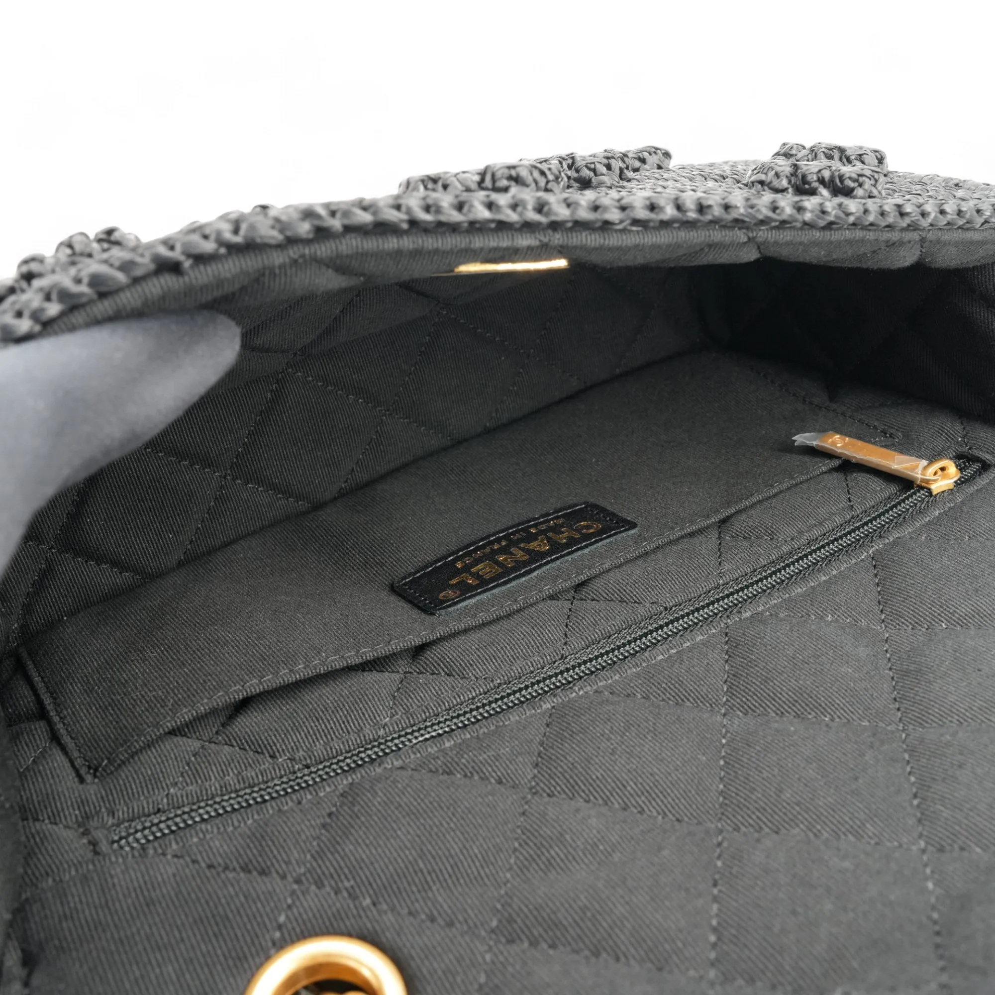 24P Black Braided Raffia Classic Small Flap Bag
