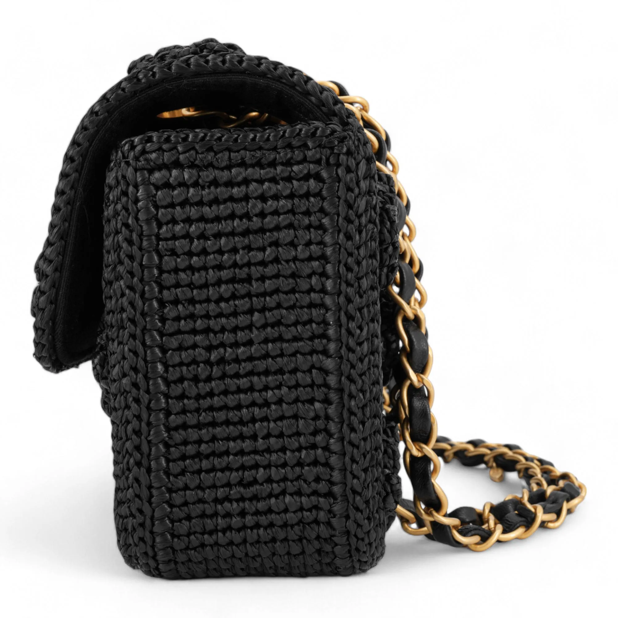 24P Black Braided Raffia Classic Small Flap Bag