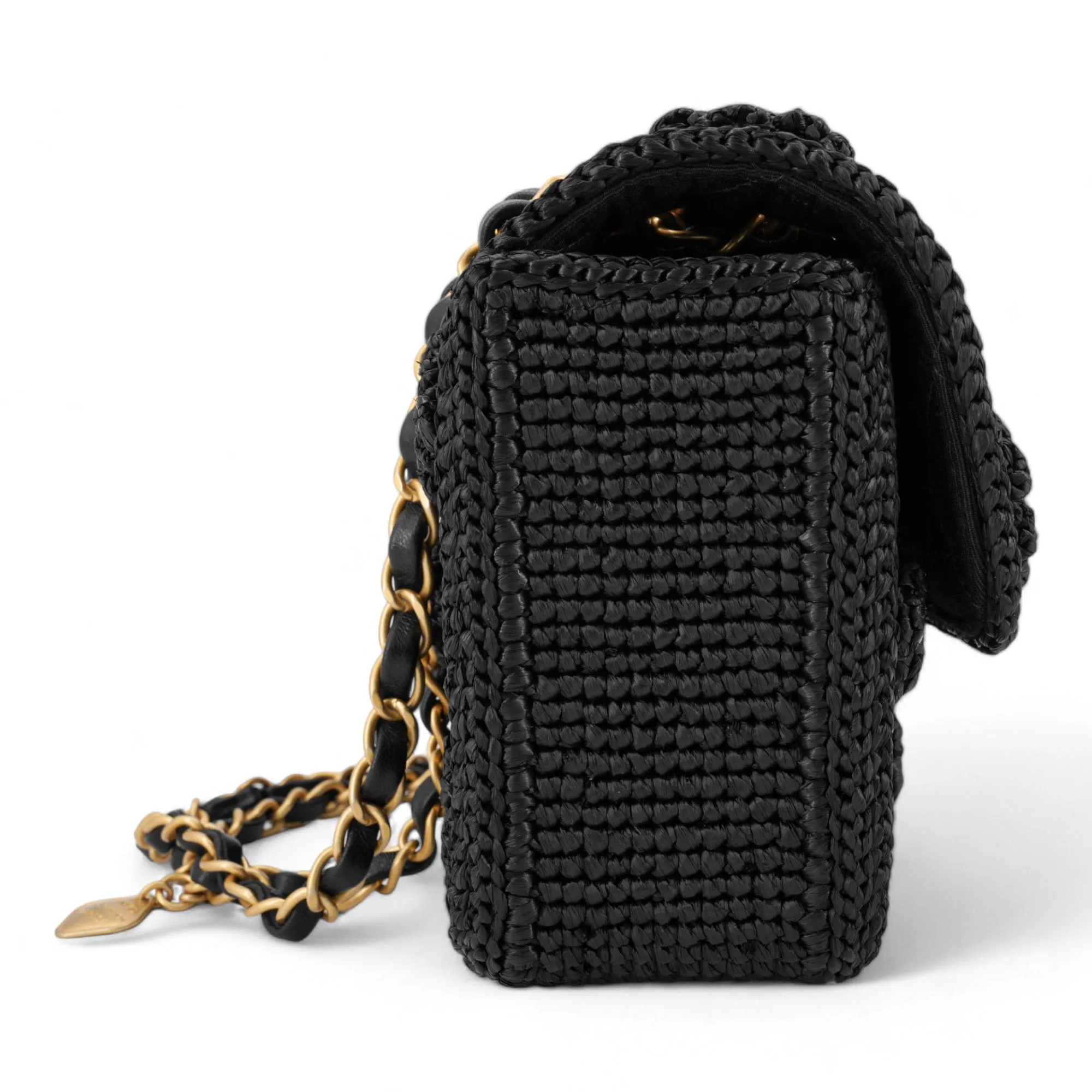 24P Black Braided Raffia Classic Small Flap Bag