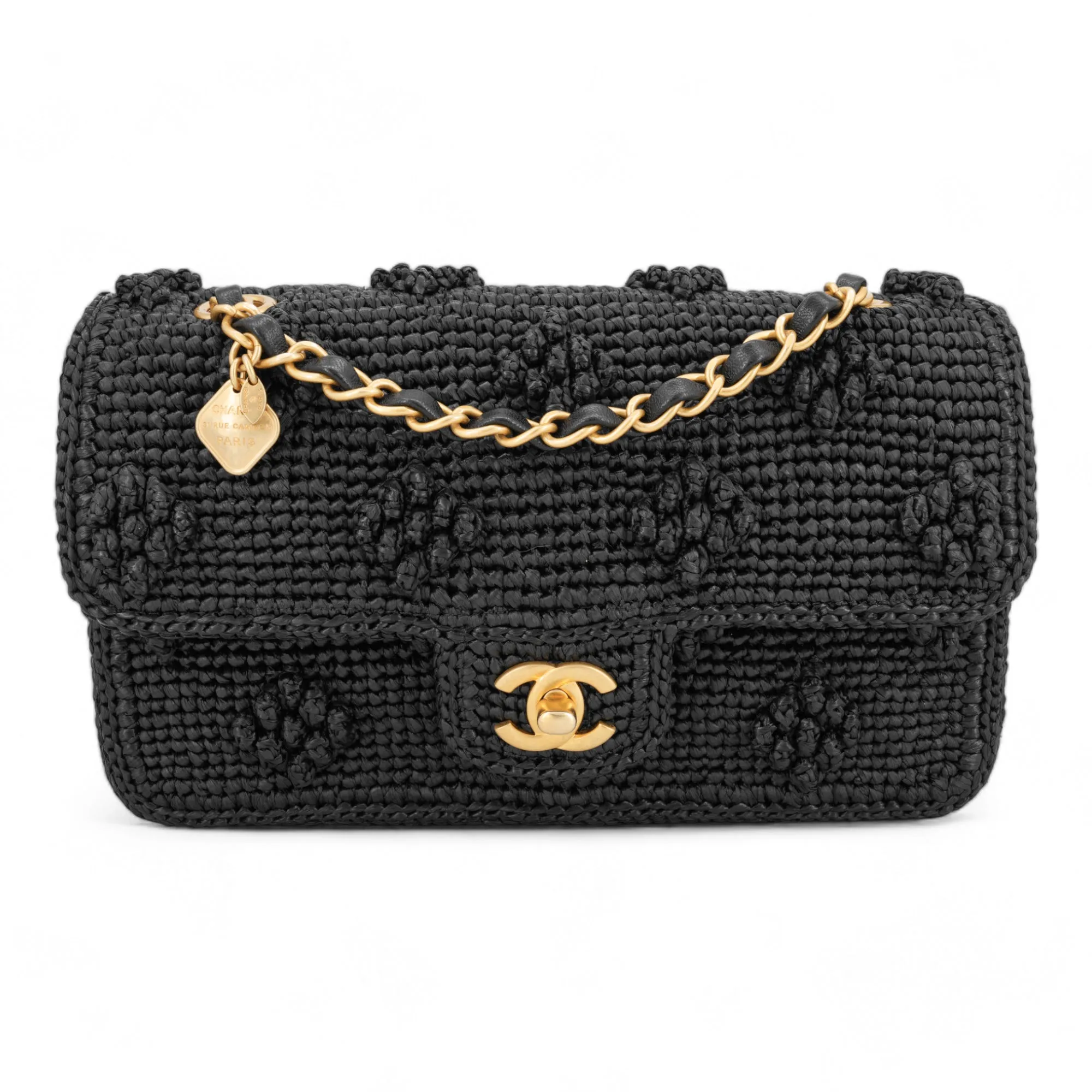 24P Black Braided Raffia Classic Small Flap Bag