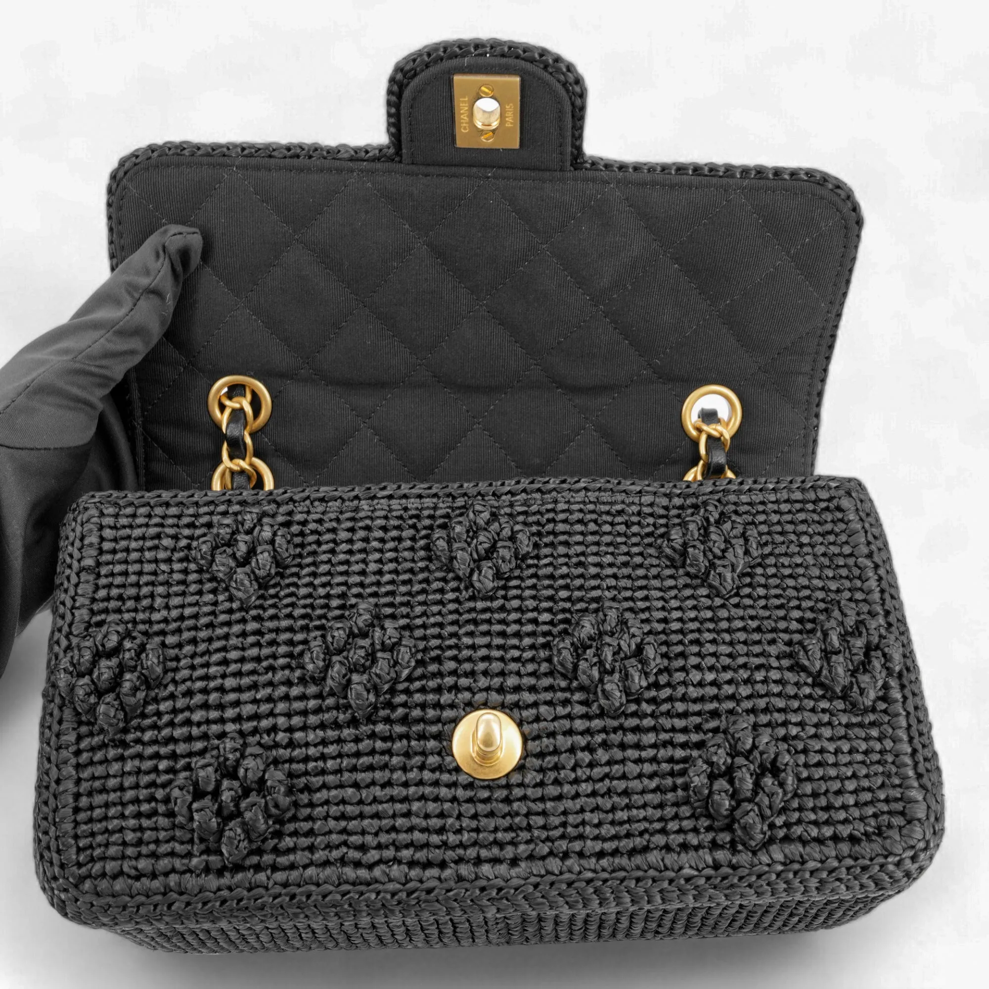 24P Black Braided Raffia Classic Small Flap Bag