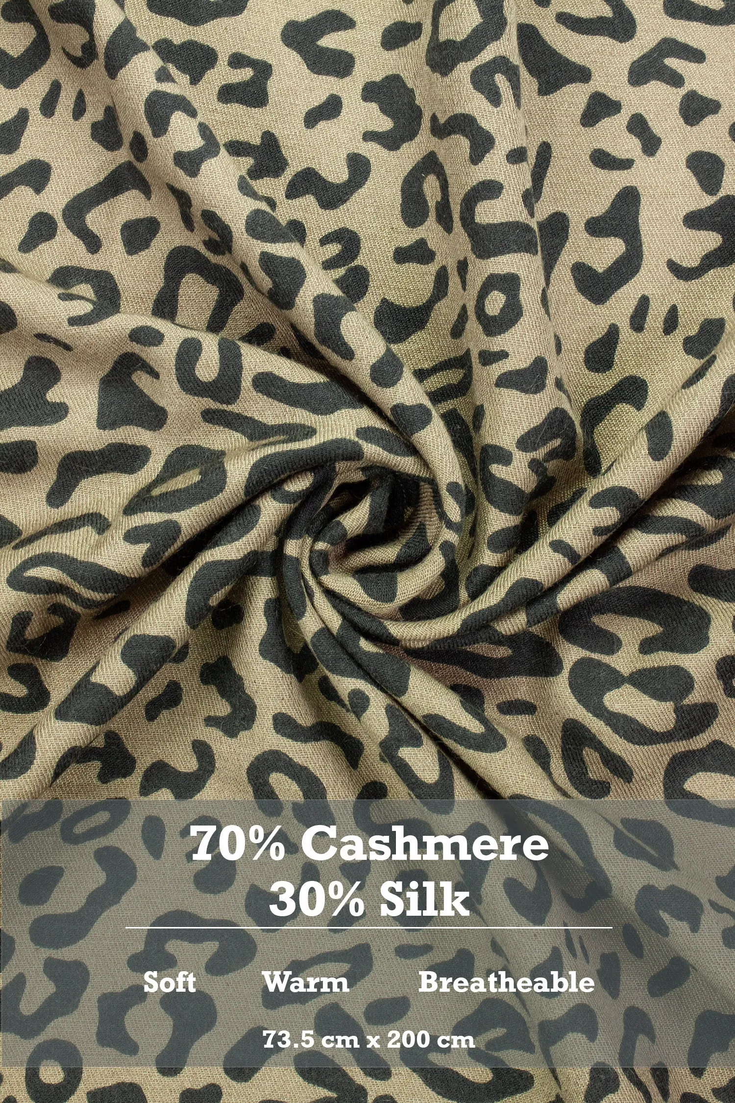 70% Cashmere & 30% Silk Leopard Print Hand Crafted Long Winter Scarf Women