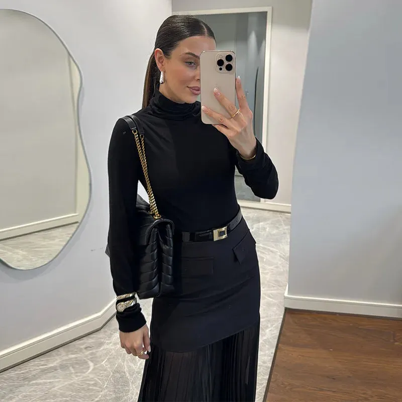 ADVBRIDGE  -  Women's  High Waist Mini Skirt See Through Mesh Hem Package Hip Skirts A Line Hem Pleated Skirt 2025 New Lady Fashion Clothing