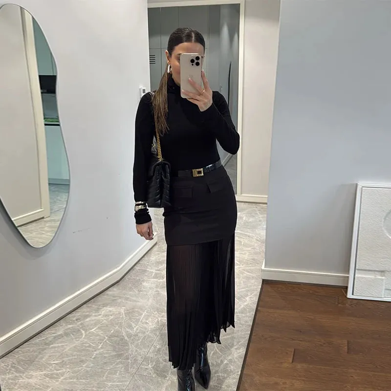 ADVBRIDGE  -  Women's  High Waist Mini Skirt See Through Mesh Hem Package Hip Skirts A Line Hem Pleated Skirt 2025 New Lady Fashion Clothing