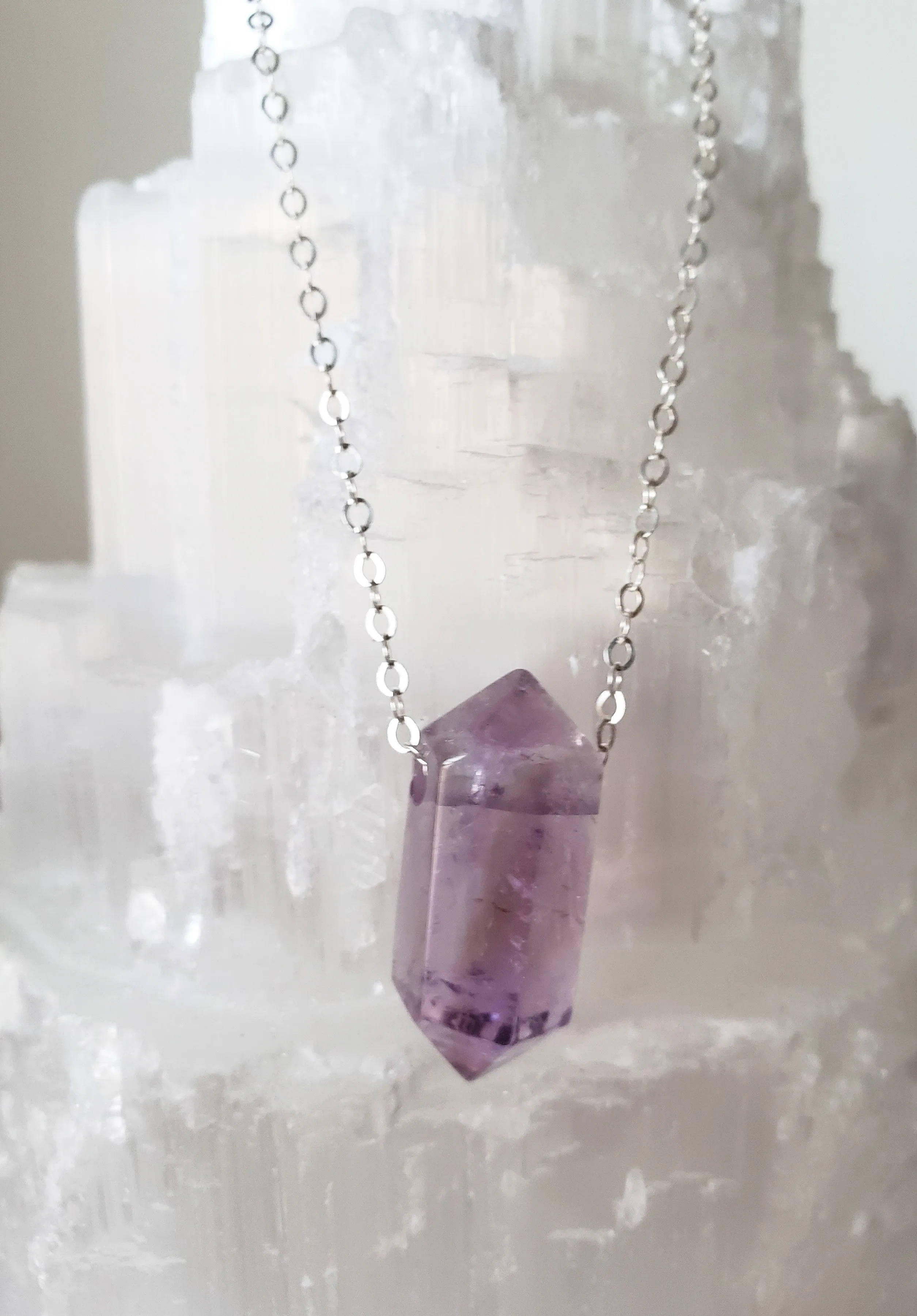 Amethyst Generator Point Gemstone On Sterling Silver Chain Raises Spiritual Consciousness.