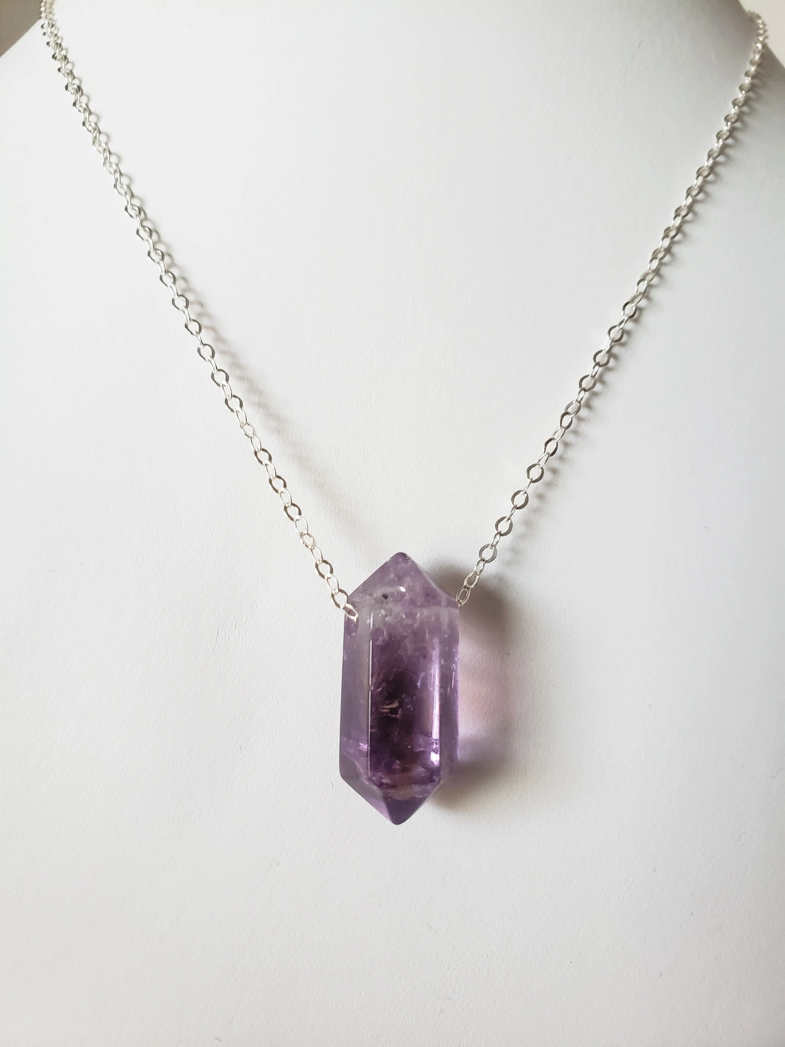 Amethyst Generator Point Gemstone On Sterling Silver Chain Raises Spiritual Consciousness.