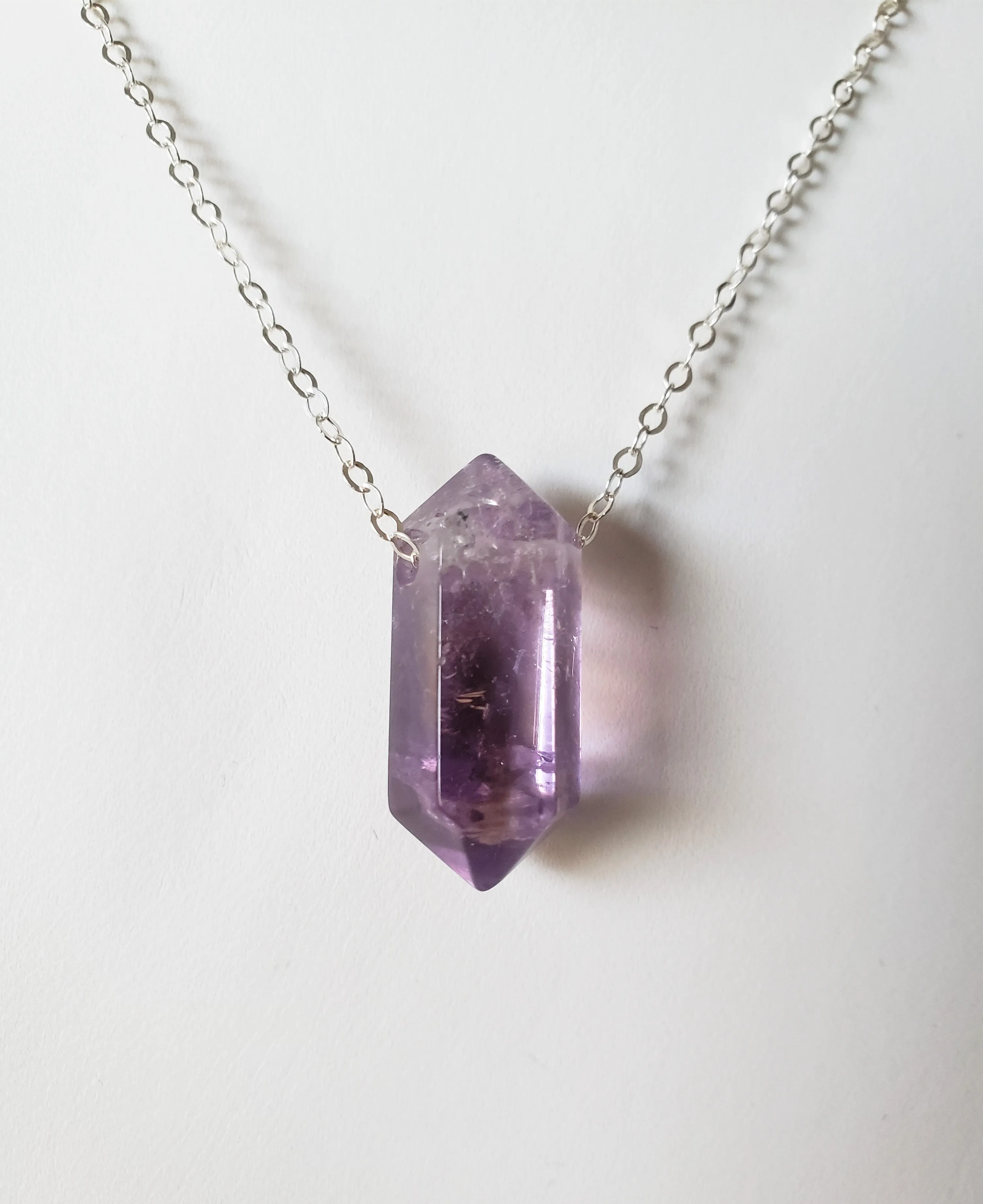 Amethyst Generator Point Gemstone On Sterling Silver Chain Raises Spiritual Consciousness.