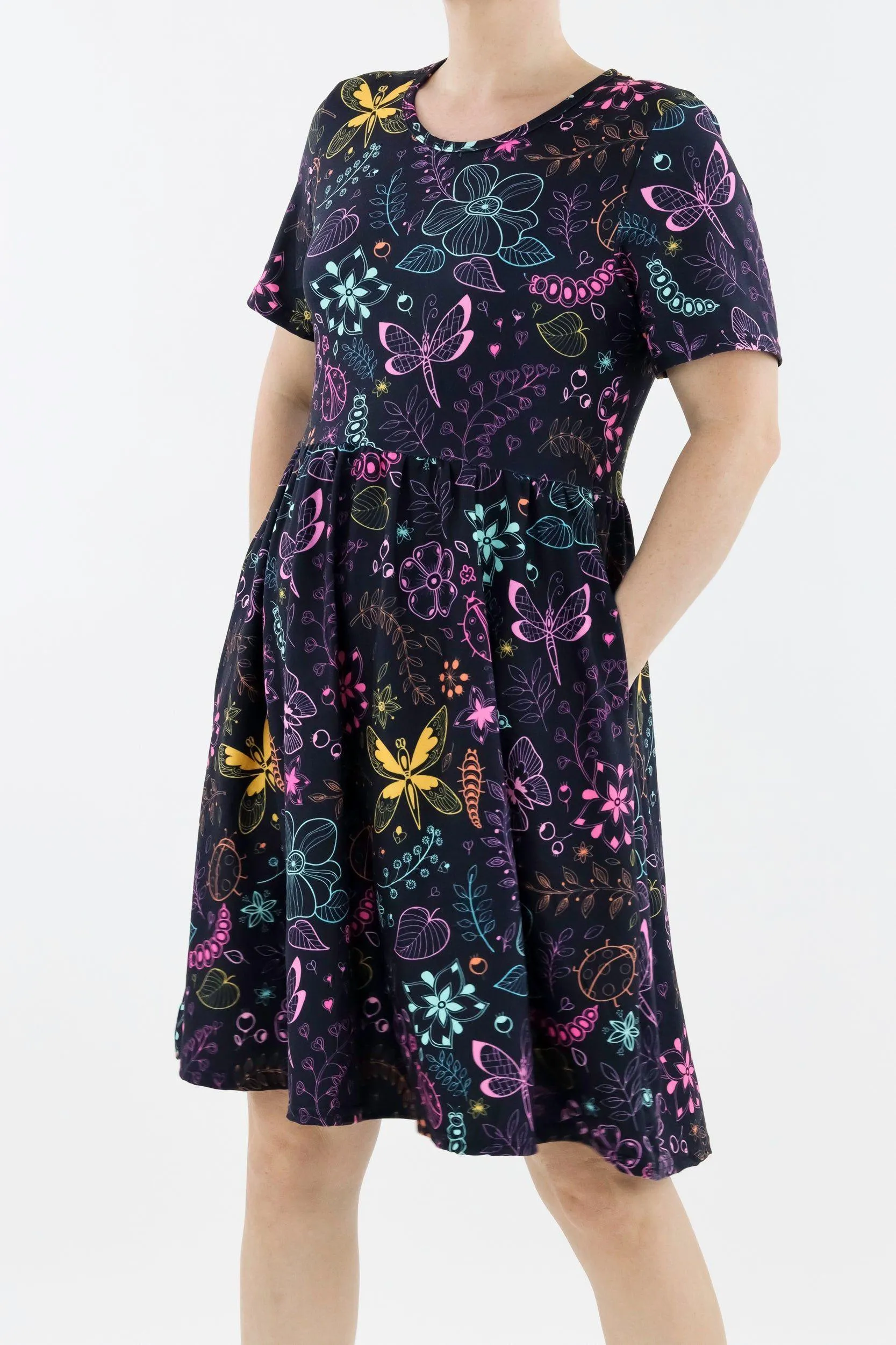 Arthropod Allure - Short Sleeve Skater Dress - Knee Length - Side Pockets