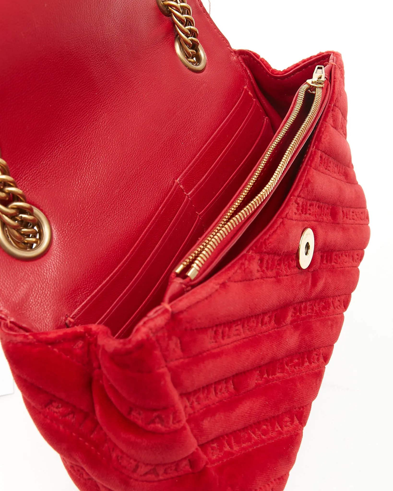 Balenciaga Red Velvet Quilted Logo BB Small Chain Crossbody
