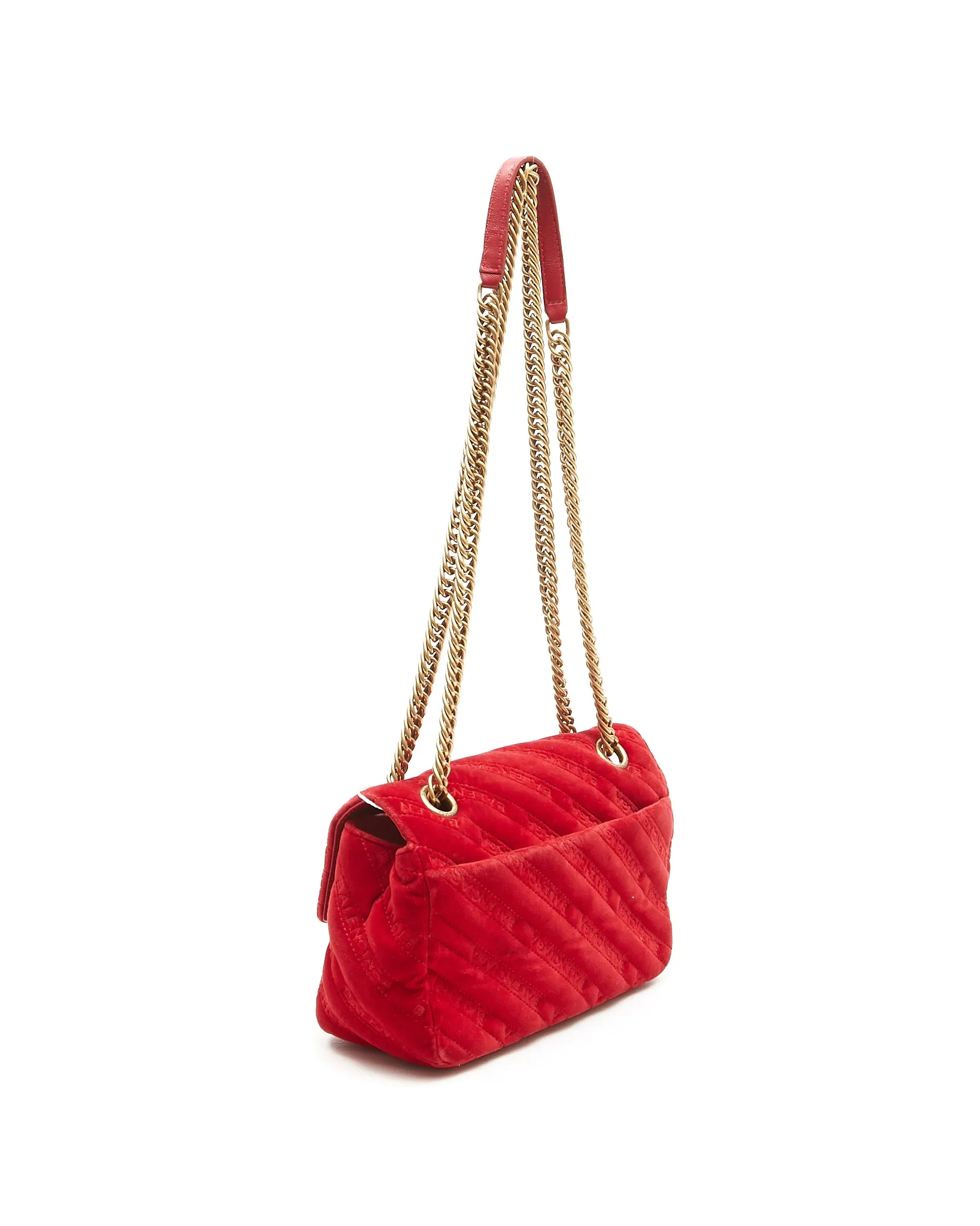 Balenciaga Red Velvet Quilted Logo BB Small Chain Crossbody