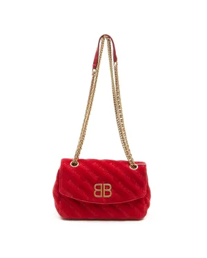 Balenciaga Red Velvet Quilted Logo BB Small Chain Crossbody