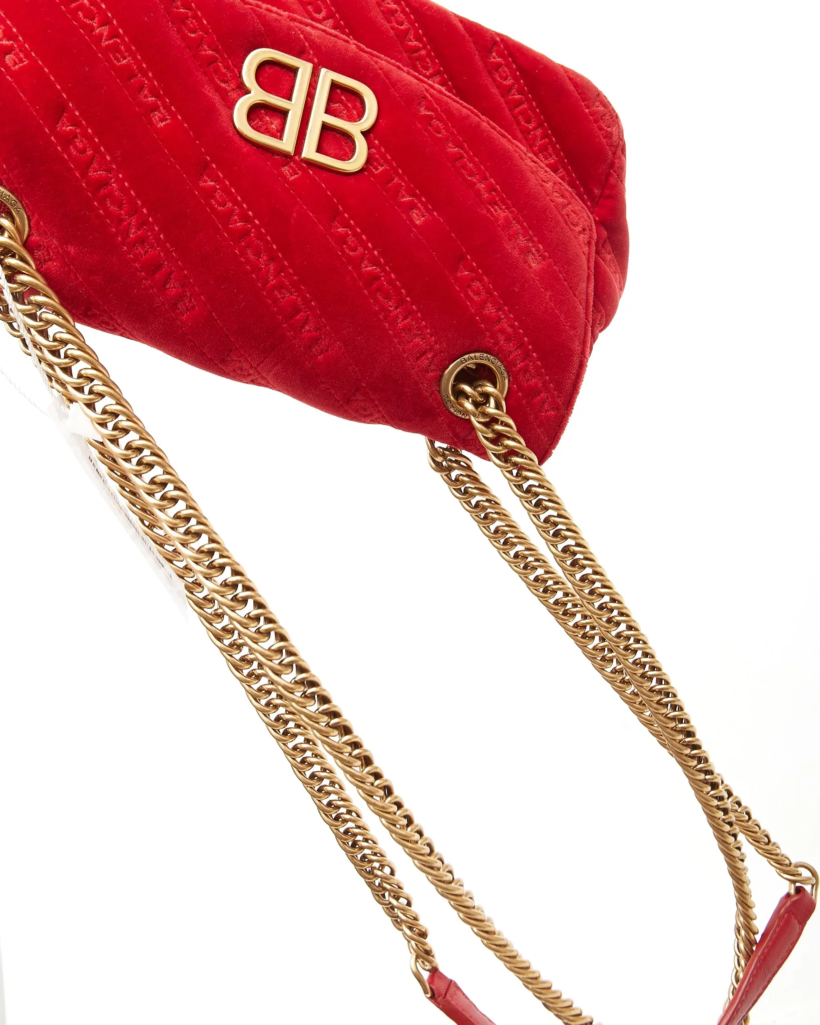 Balenciaga Red Velvet Quilted Logo BB Small Chain Crossbody
