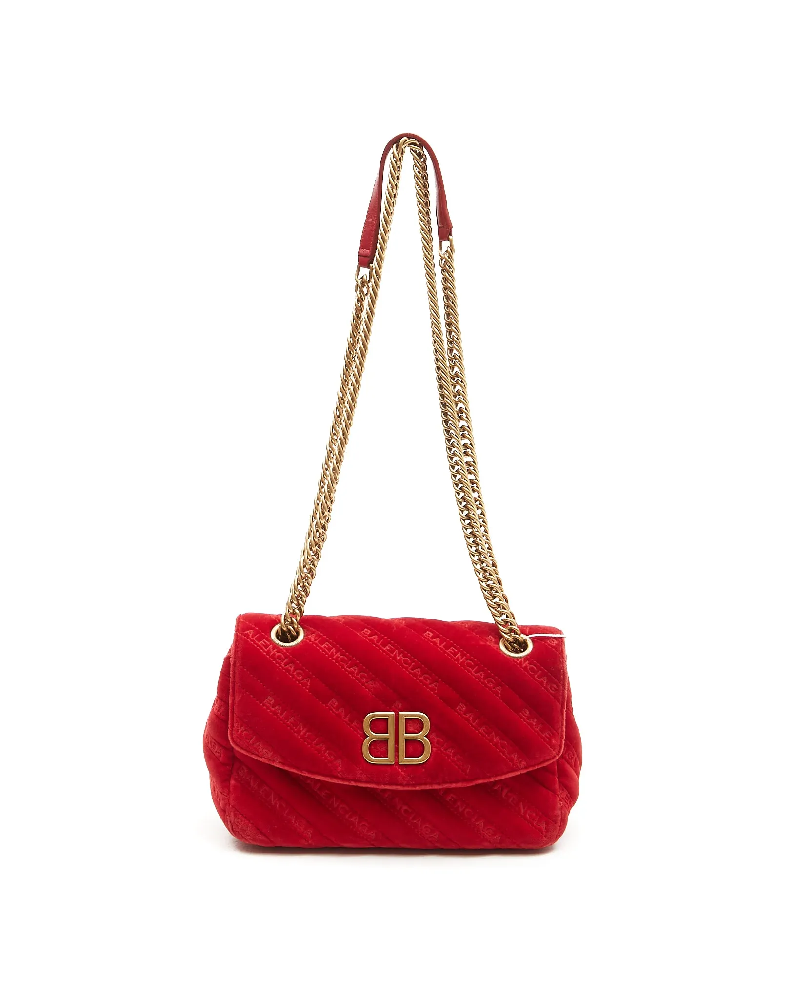 Balenciaga Red Velvet Quilted Logo BB Small Chain Crossbody