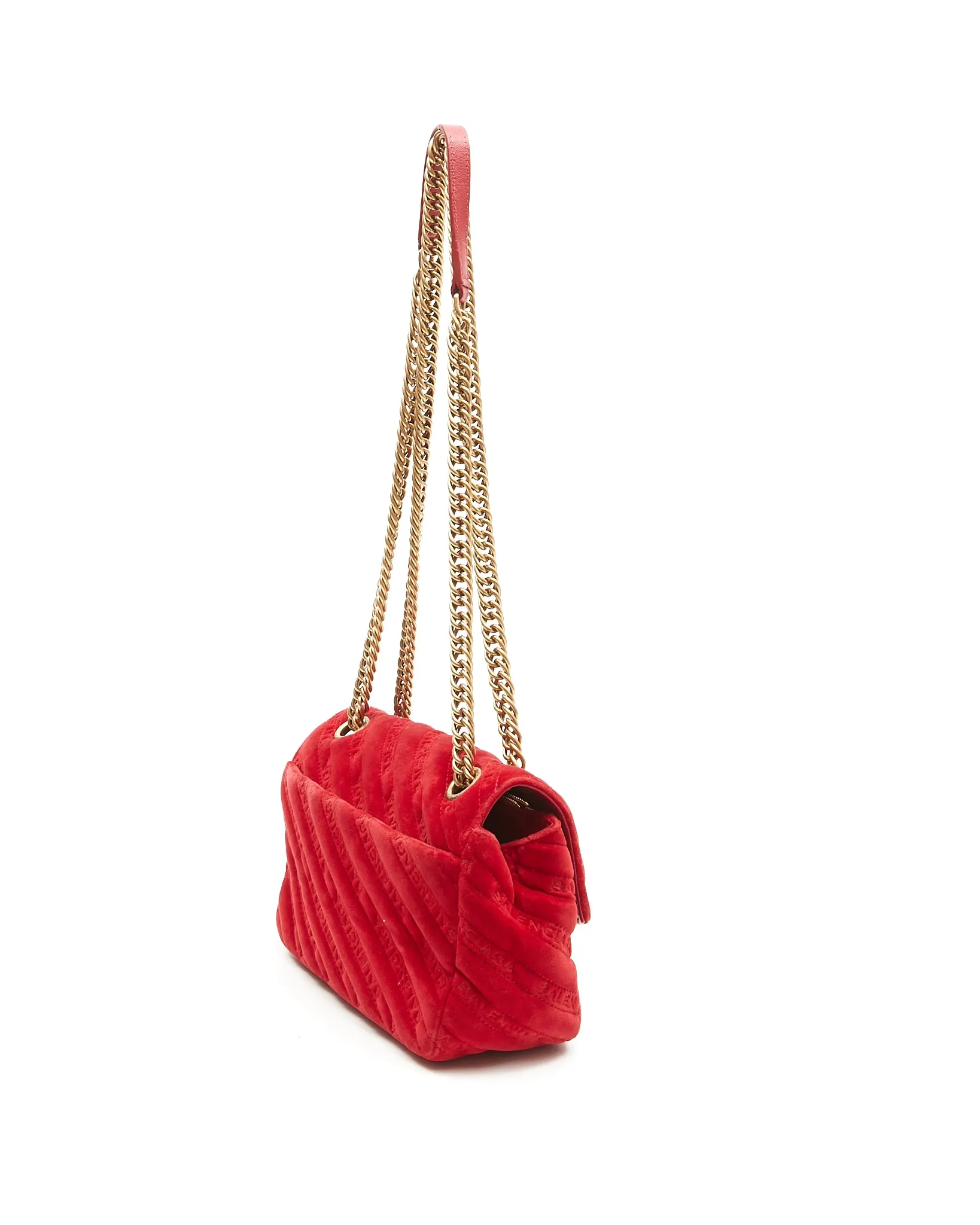 Balenciaga Red Velvet Quilted Logo BB Small Chain Crossbody