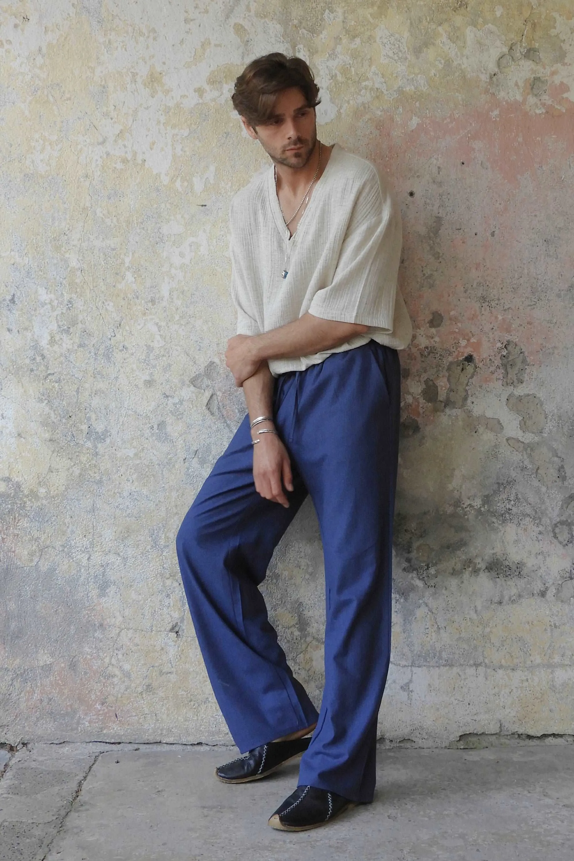 BEACH Men's Linen Blend Pants (Dark Gray, Indigo Blue)