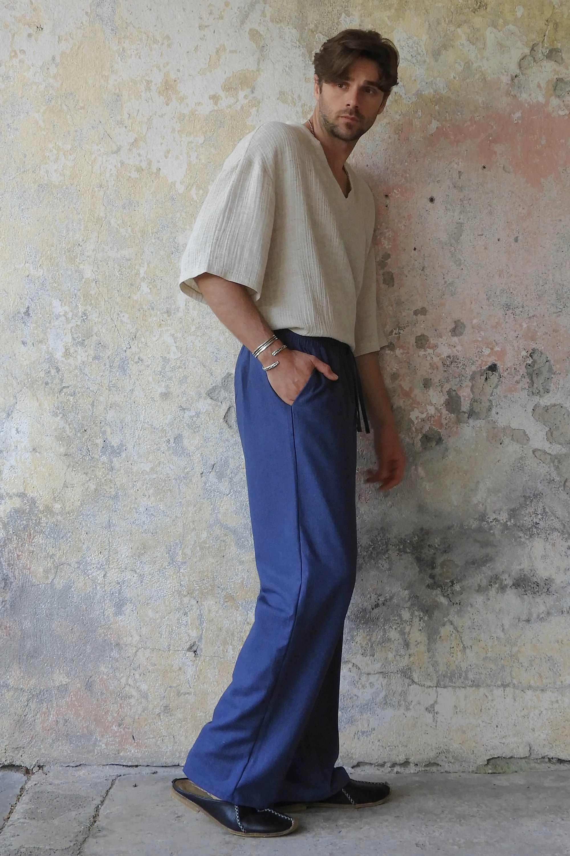 BEACH Men's Linen Blend Pants (Dark Gray, Indigo Blue)