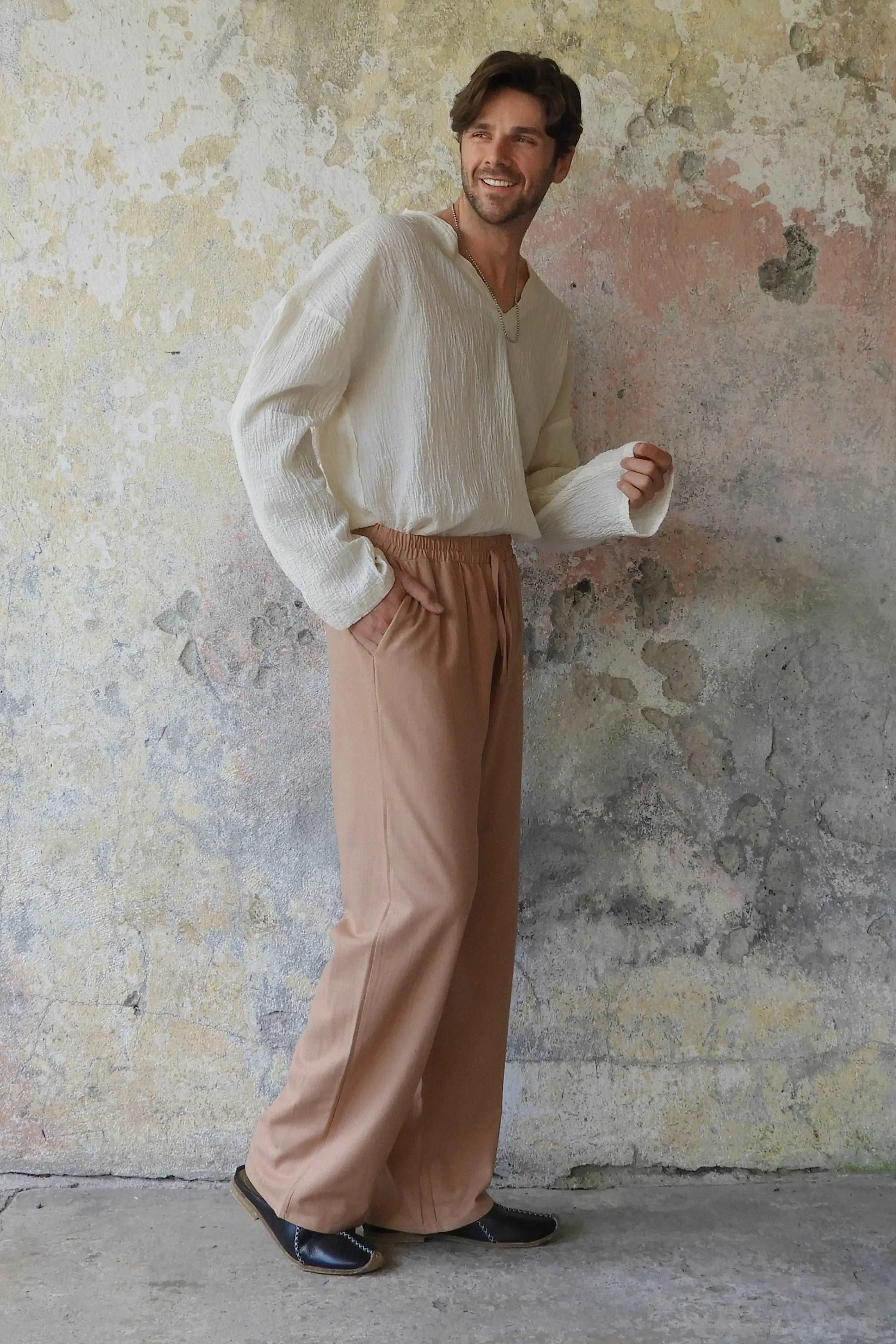 BEACH Men's Linen Blend Pants (Tan, Brown)