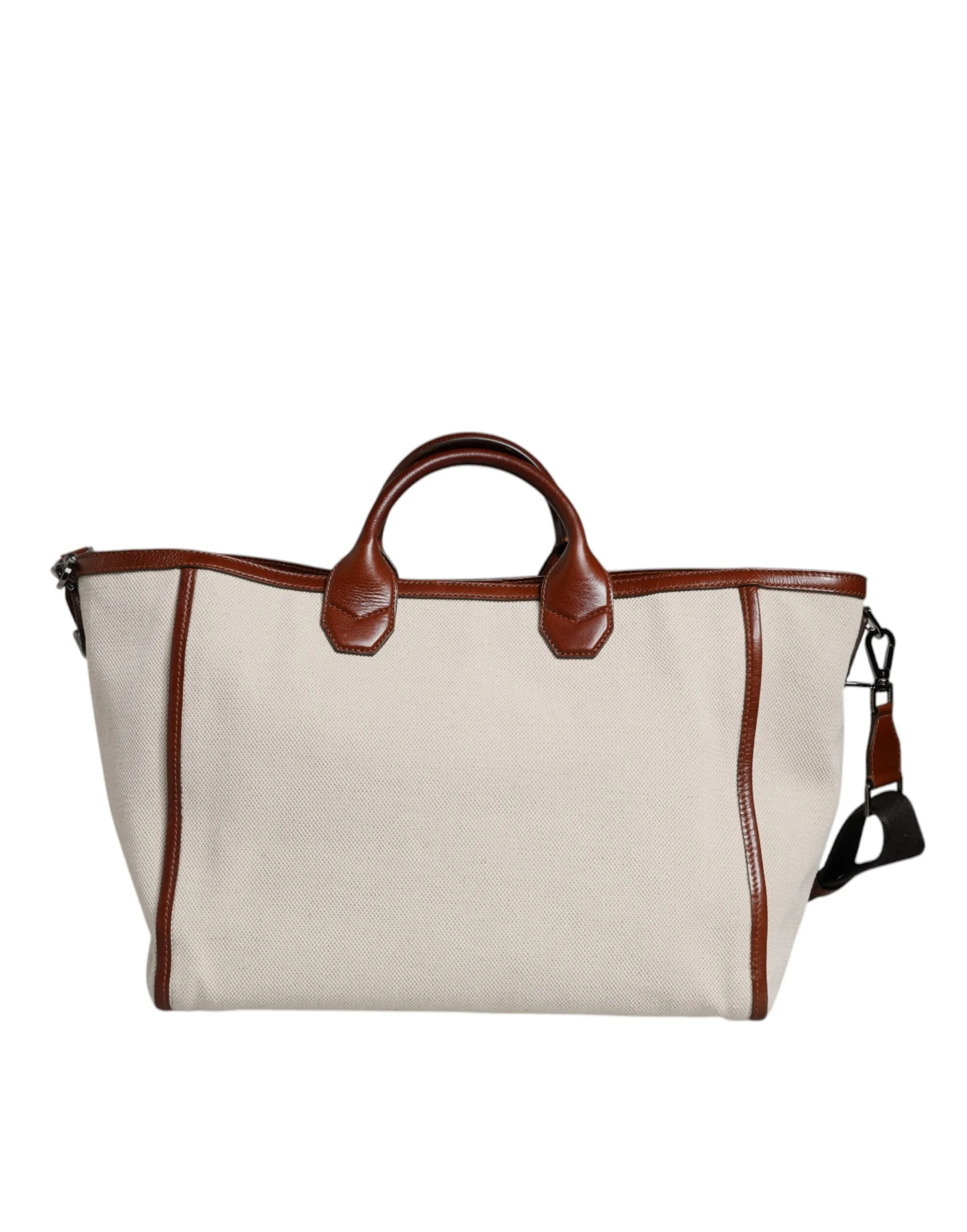 Beige Brown Cotton Leather Duffle Shoulder Bag