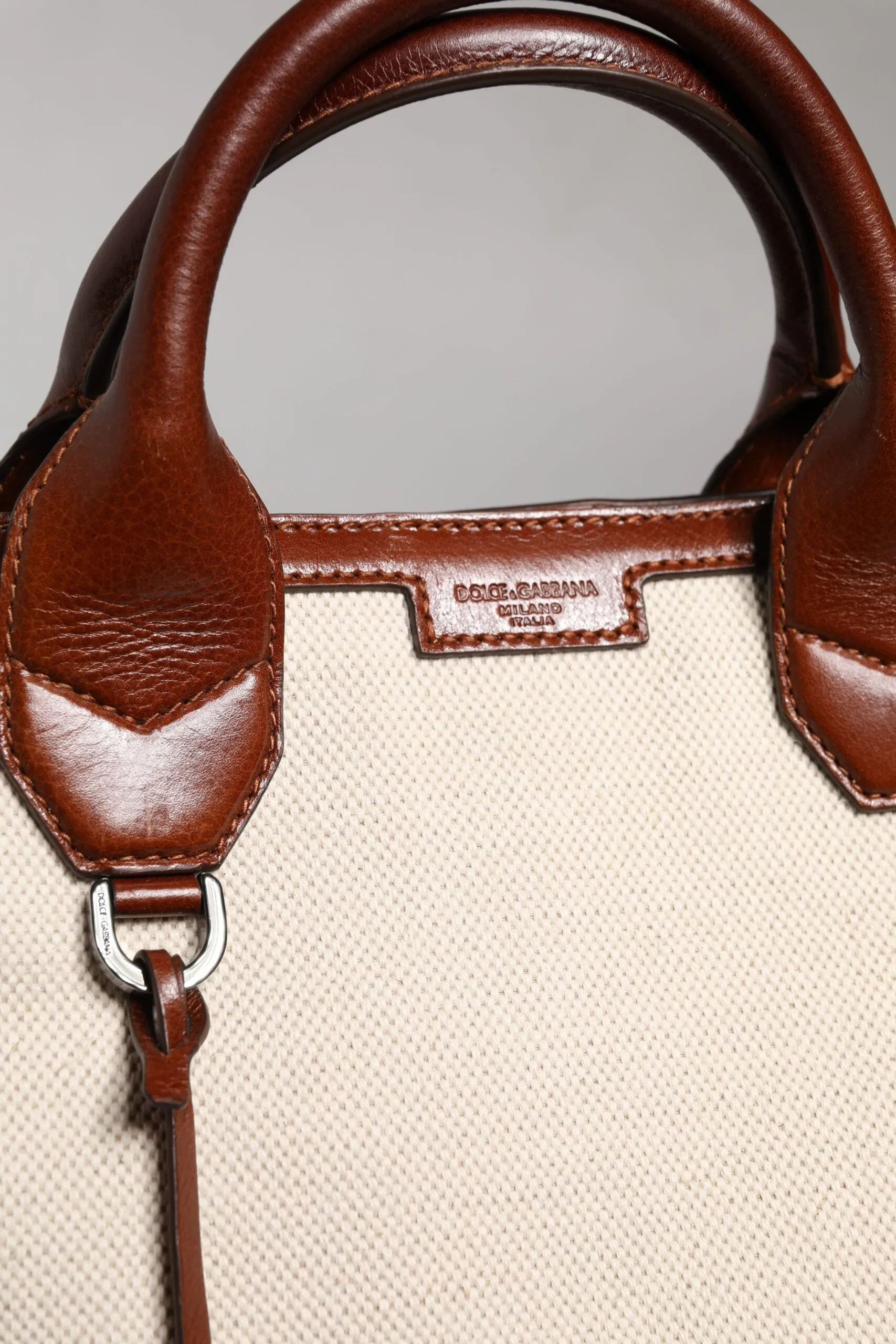 Beige Brown Cotton Leather Duffle Shoulder Bag