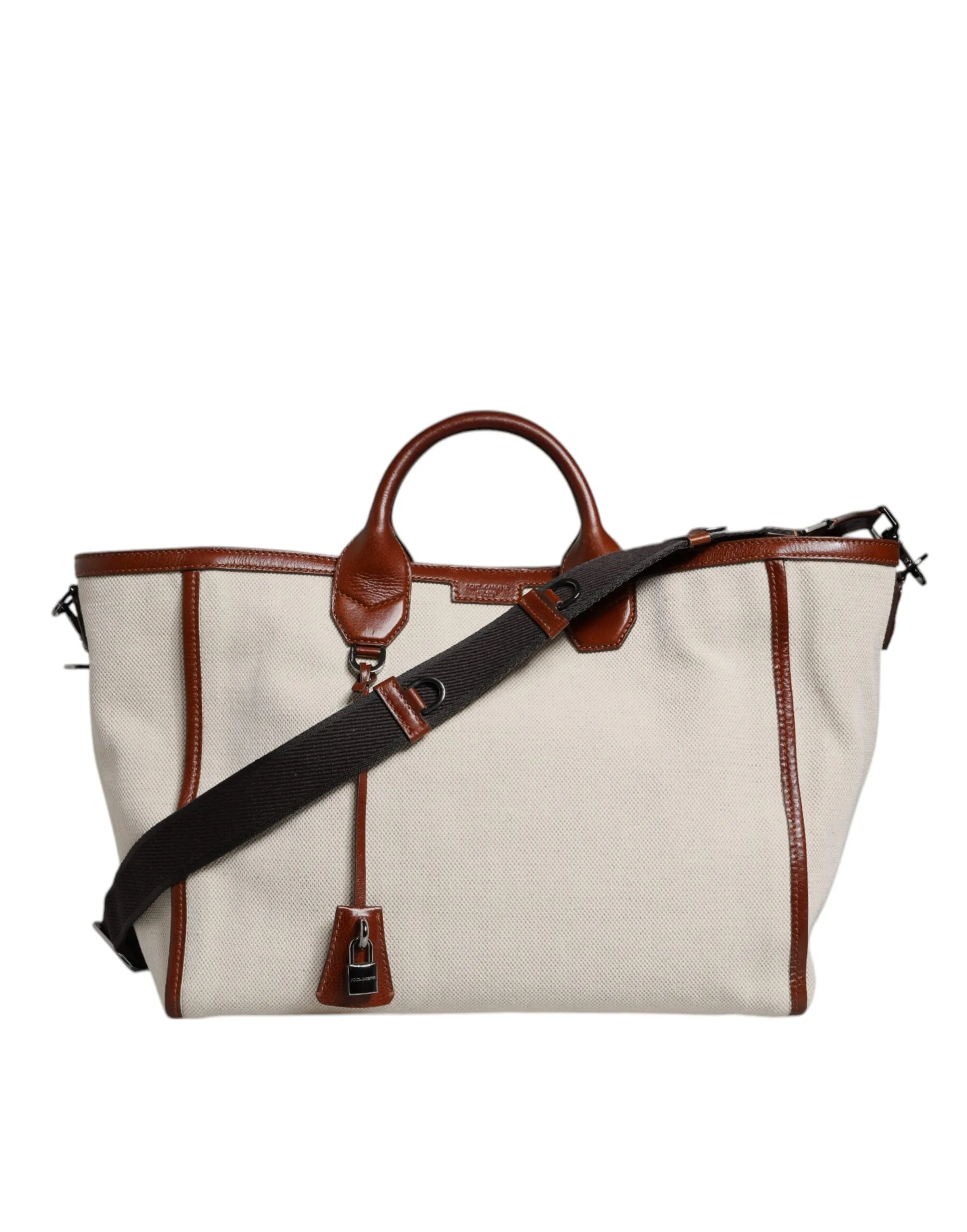 Beige Brown Cotton Leather Duffle Shoulder Bag