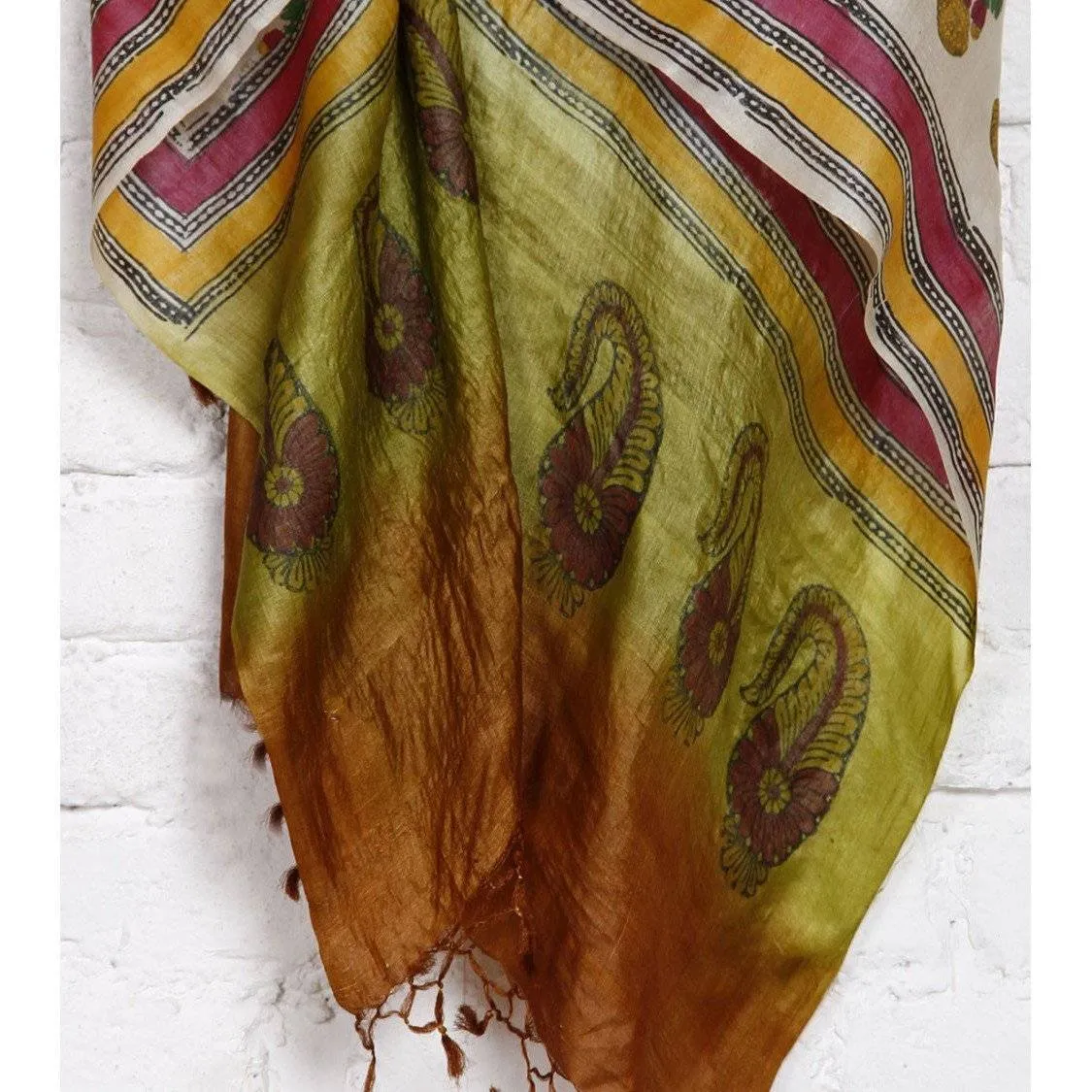 Beige, Mustard & Green Tussar Silk Dupatta