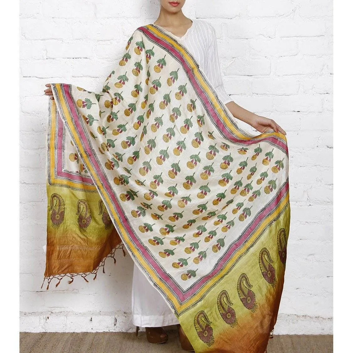 Beige, Mustard & Green Tussar Silk Dupatta