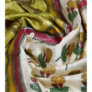 Beige, Mustard & Green Tussar Silk Dupatta