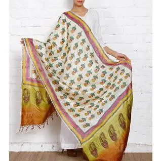 Beige, Mustard & Green Tussar Silk Dupatta