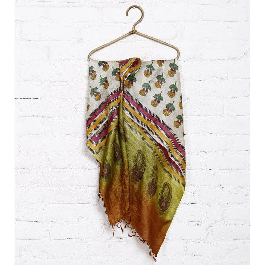 Beige, Mustard & Green Tussar Silk Dupatta