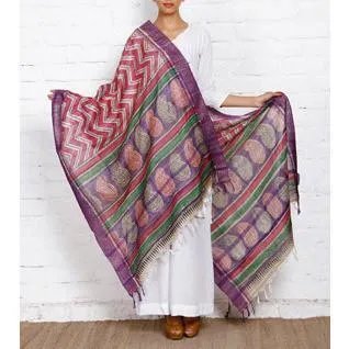Beige, Pink & Purple Tussar Silk Dupatta