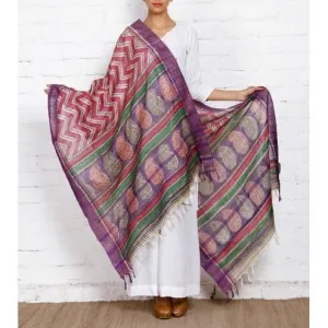 Beige, Pink & Purple Tussar Silk Dupatta