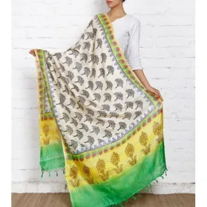 Beige, Yellow, Green & Black Tussar Silk Dupatta