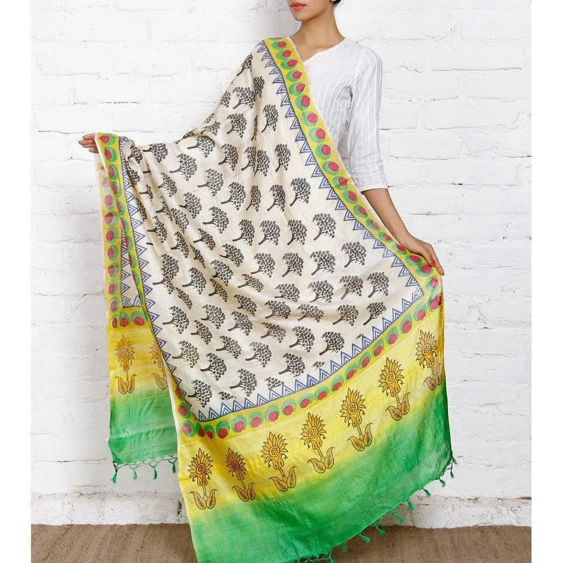 Beige, Yellow, Green & Black Tussar Silk Dupatta