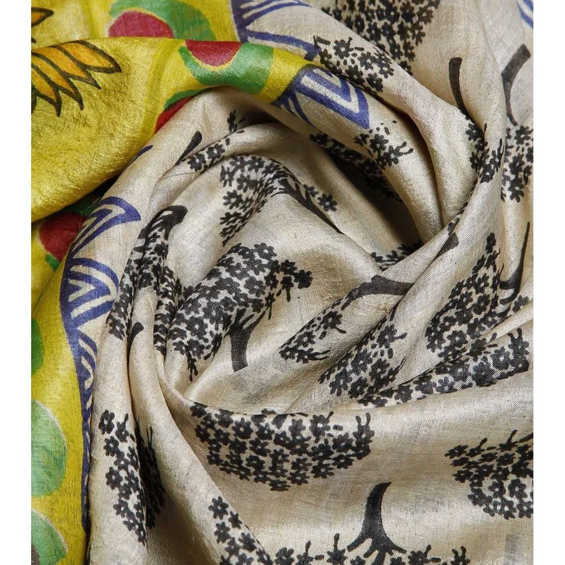 Beige, Yellow, Green & Black Tussar Silk Dupatta