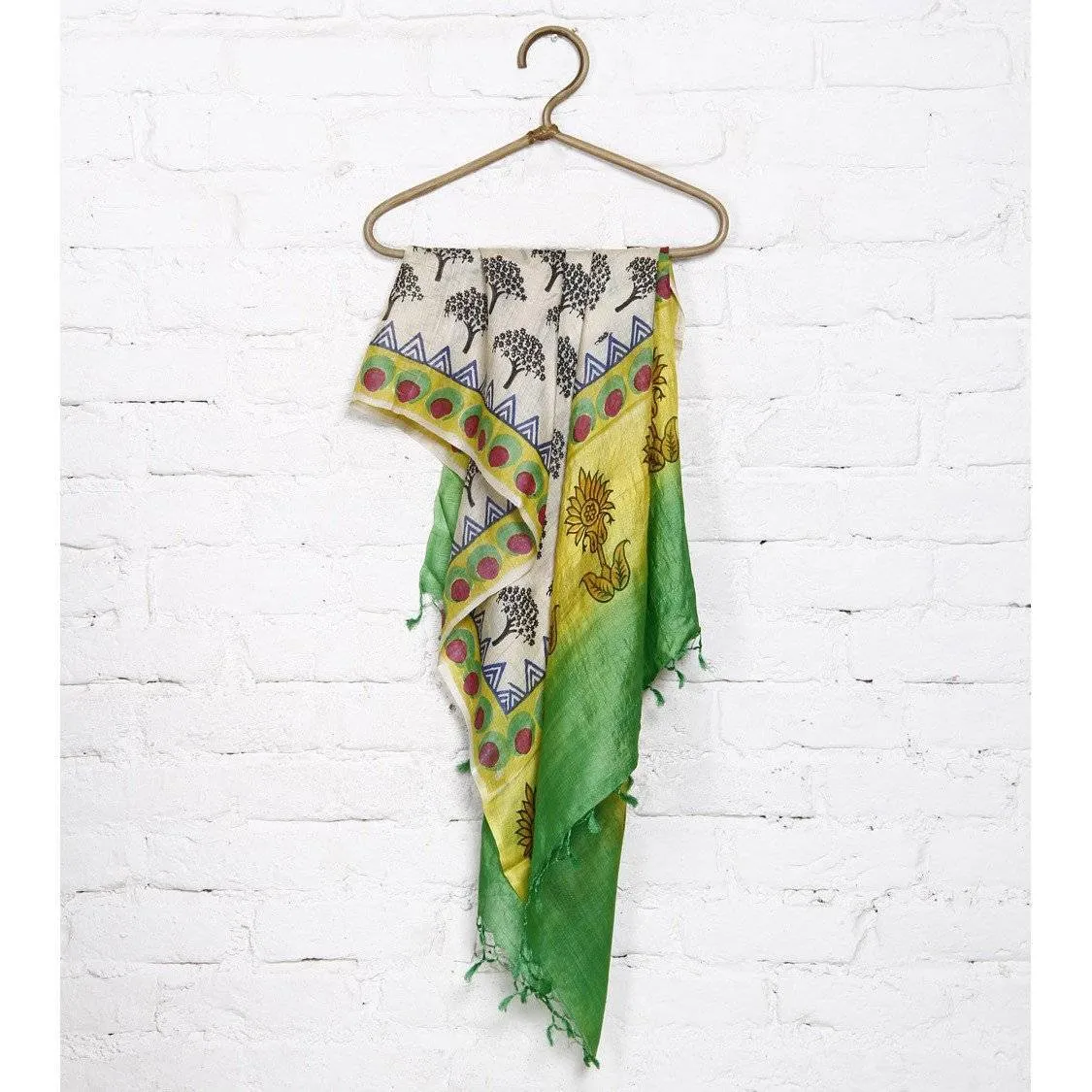 Beige, Yellow, Green & Black Tussar Silk Dupatta