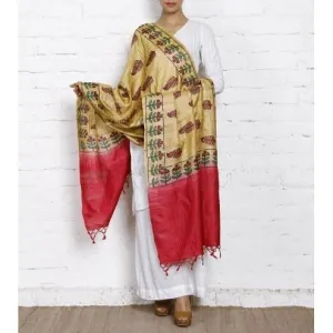 Beige,Green & Maroon Tussar Silk Dupatta