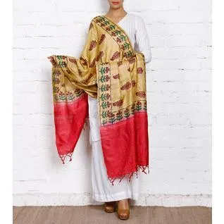 Beige,Green & Maroon Tussar Silk Dupatta