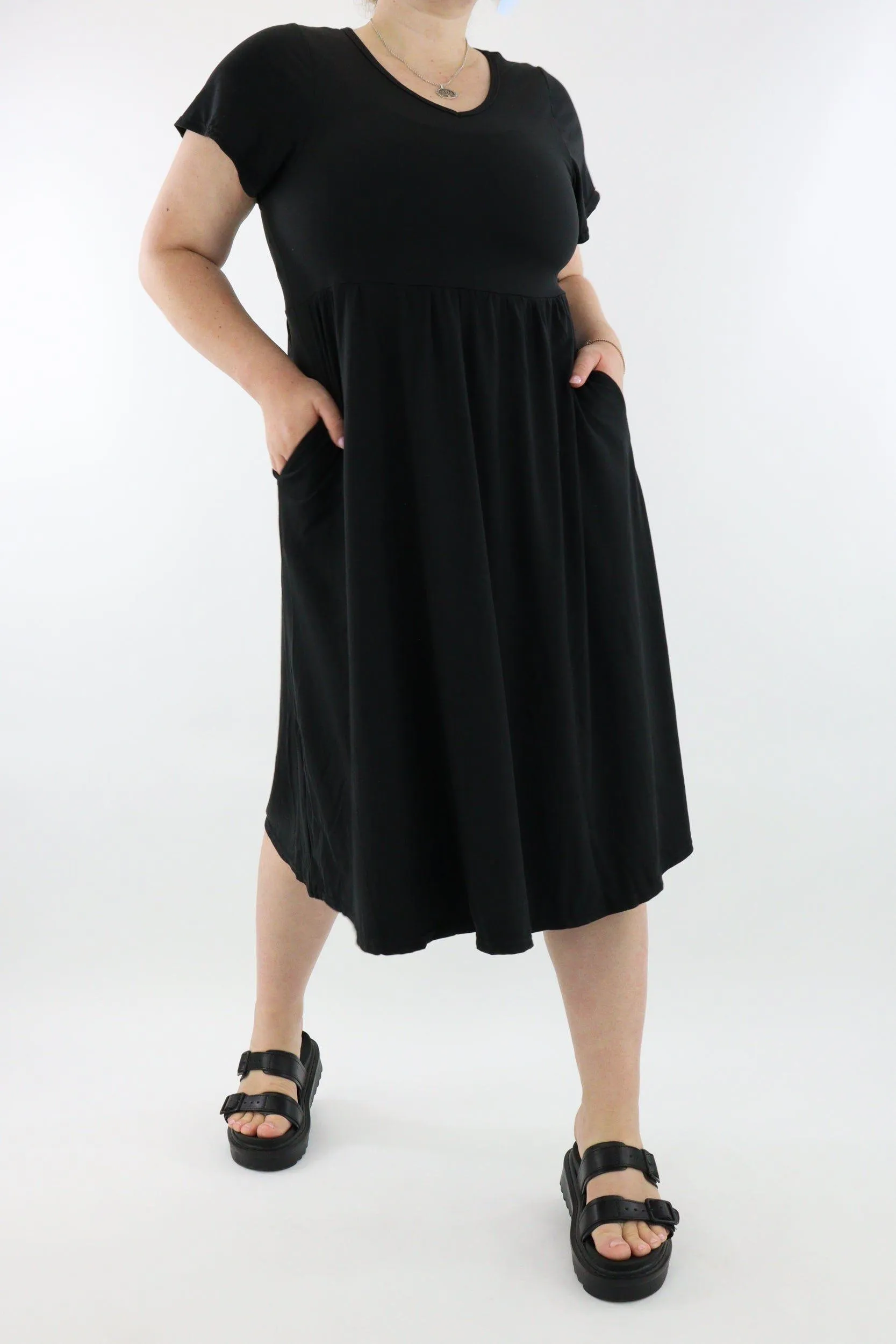Black - A-Line Dress - Midi Length - Side Pockets