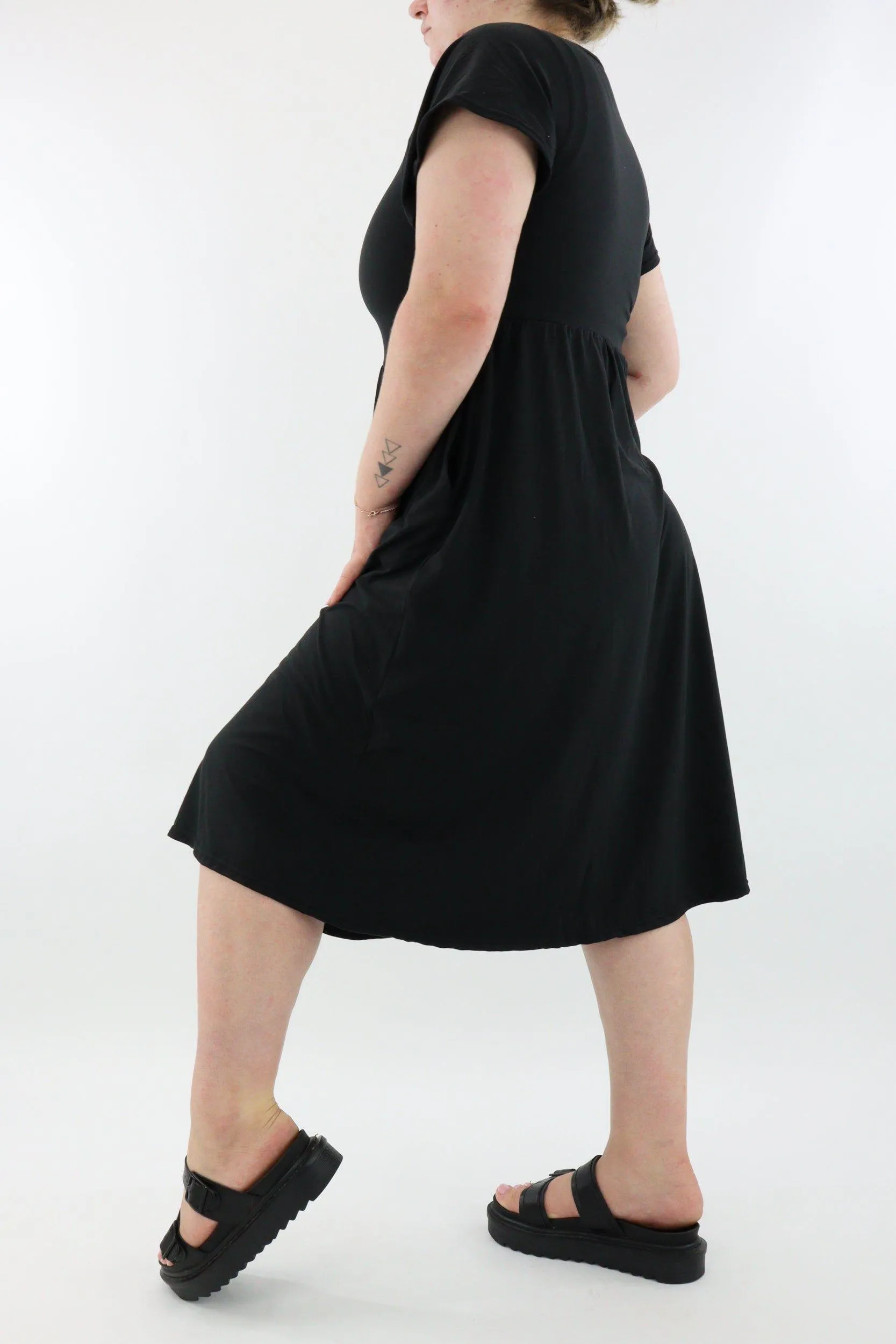 Black - A-Line Dress - Midi Length - Side Pockets