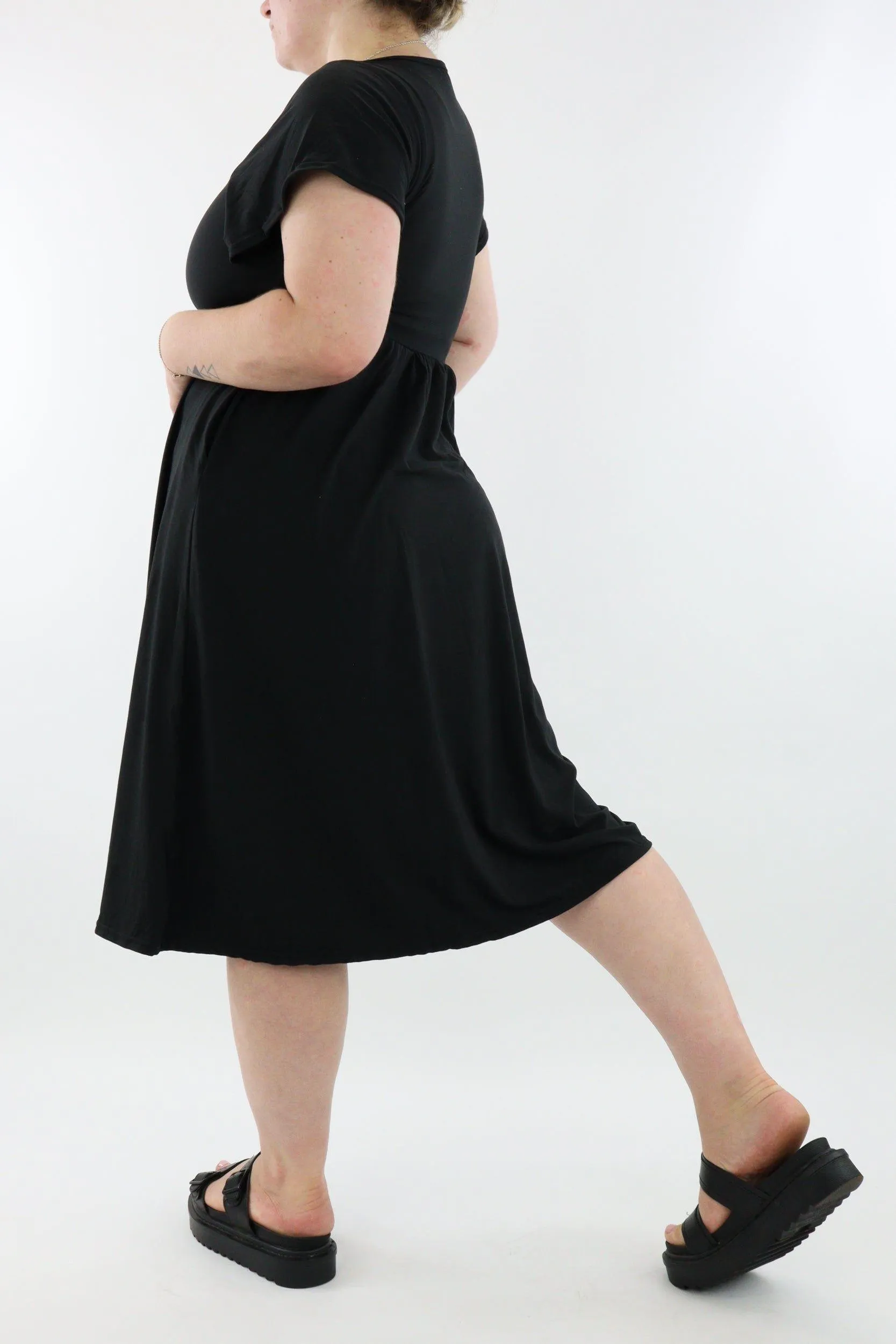 Black - A-Line Dress - Midi Length - Side Pockets