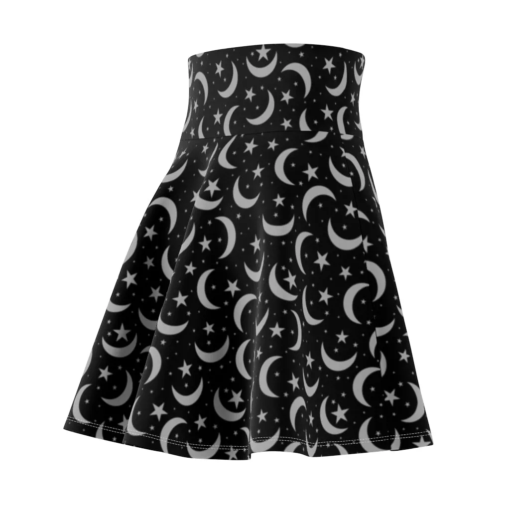 Black Lunar Women's Skater Skirt | Witch Skirt | Wicca Apparel | Witches Dress | Occult Night Sky Moon Skirt Celestial