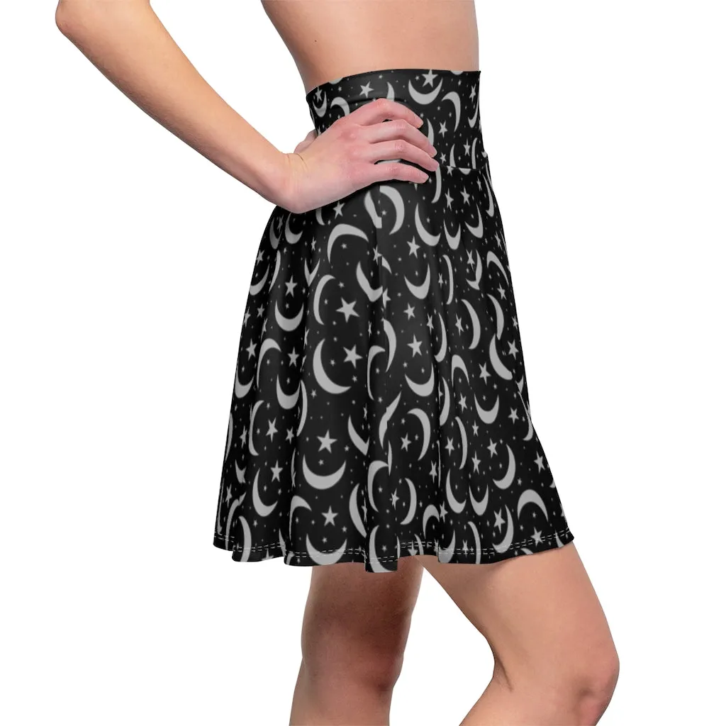 Black Lunar Women's Skater Skirt | Witch Skirt | Wicca Apparel | Witches Dress | Occult Night Sky Moon Skirt Celestial