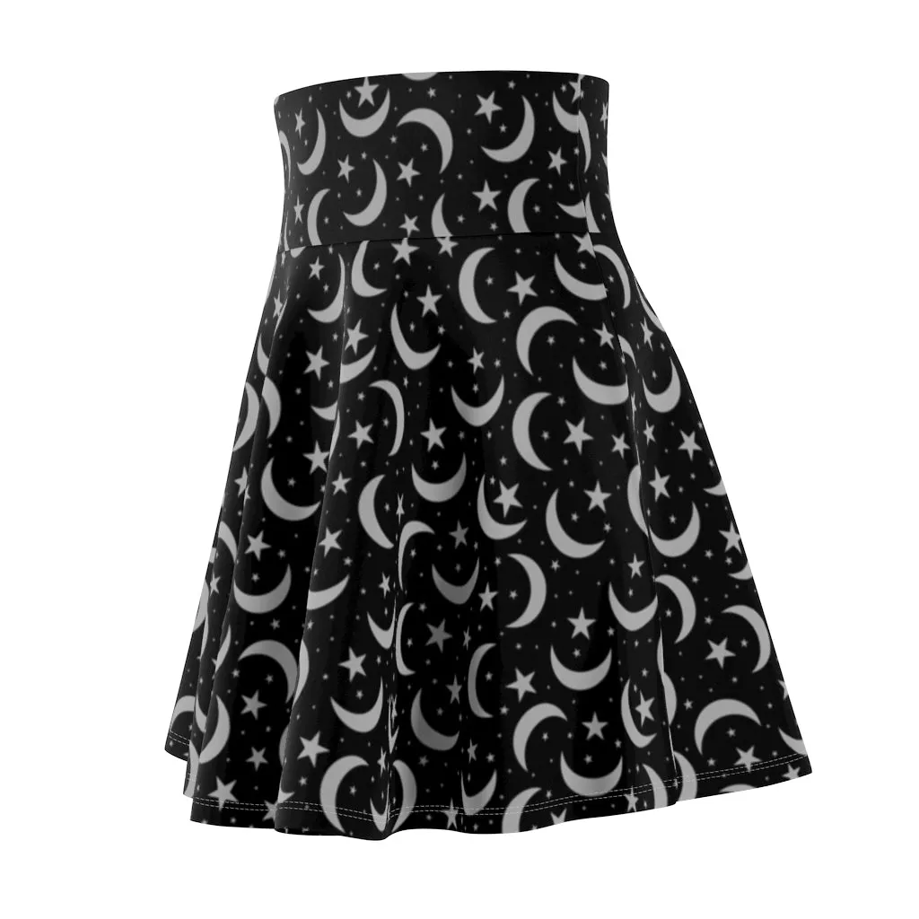 Black Lunar Women's Skater Skirt | Witch Skirt | Wicca Apparel | Witches Dress | Occult Night Sky Moon Skirt Celestial