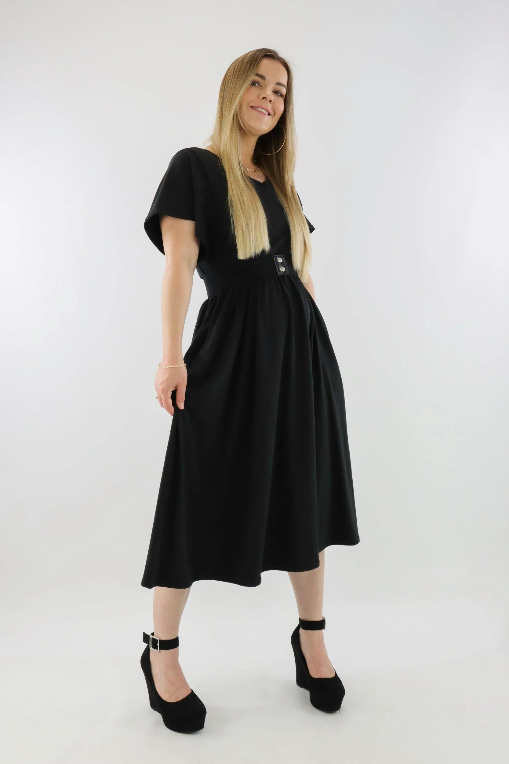Black - V-neck - Flutter Sleeve A-Line Dress - Midi Length - Side Pockets