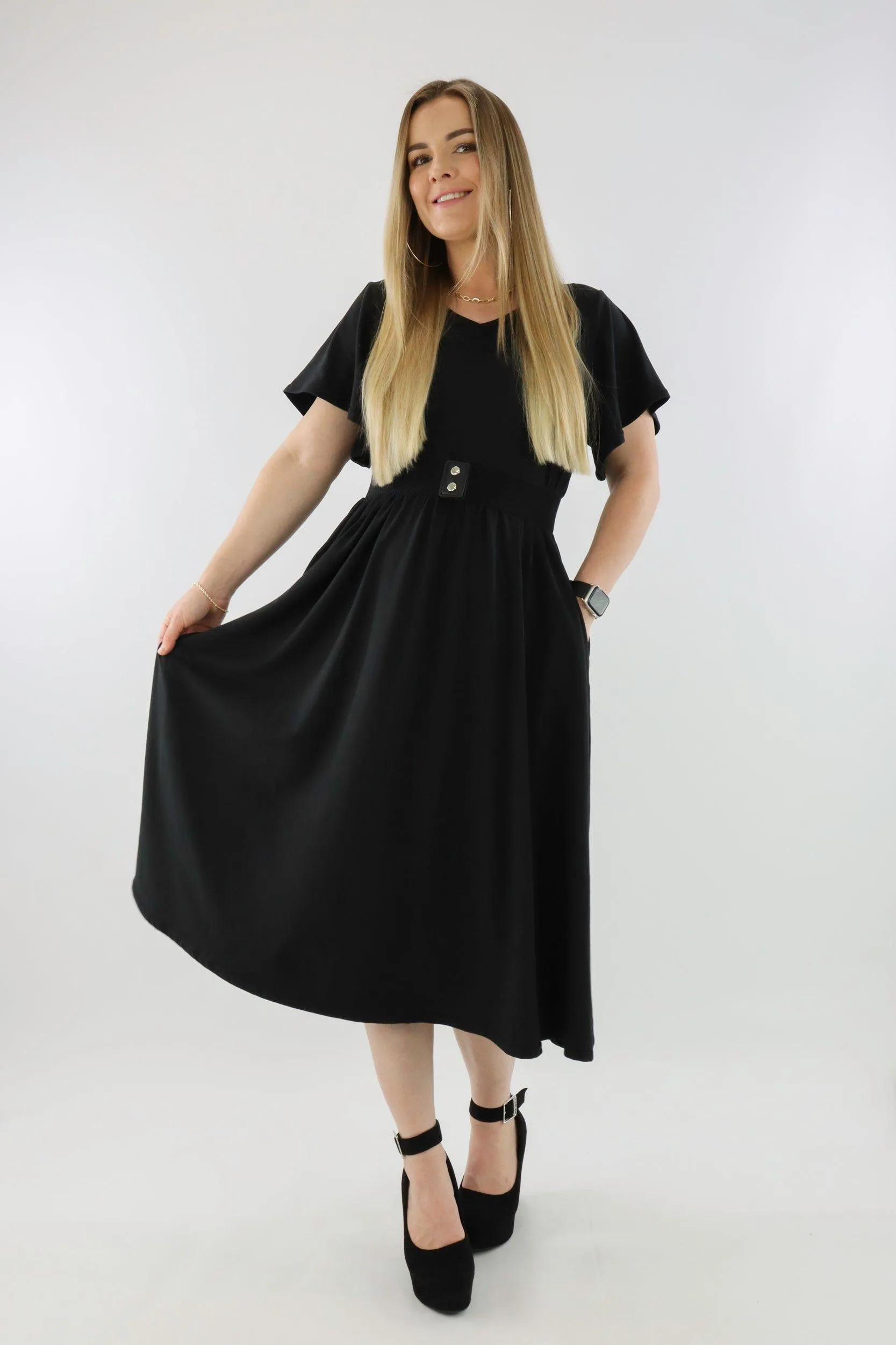 Black - V-neck - Flutter Sleeve A-Line Dress - Midi Length - Side Pockets